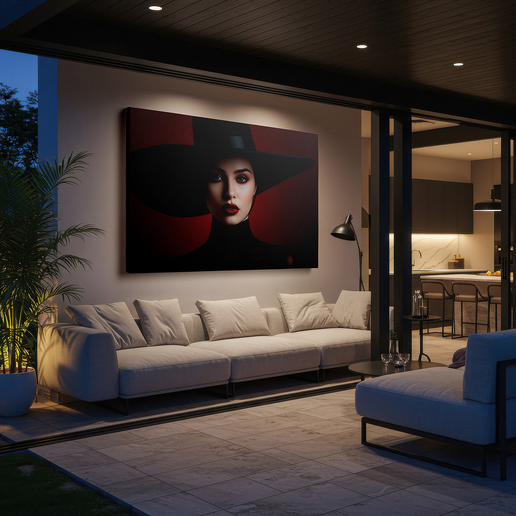 Bathed in morning sunlight streaming through sheer curtains — contemporary chic: striking large wall art featuring a bold model in a black hat and red makeup, perfect for office or bedroom decor