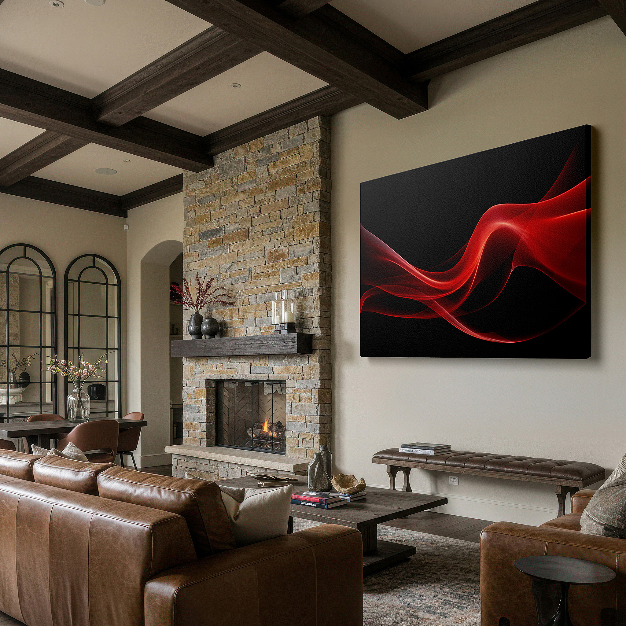 Bathed in morning sunlight streaming through sheer curtains — contemporary red waves on black - mesmerizing fluid digital art large wall decor, canvas art, office wall art