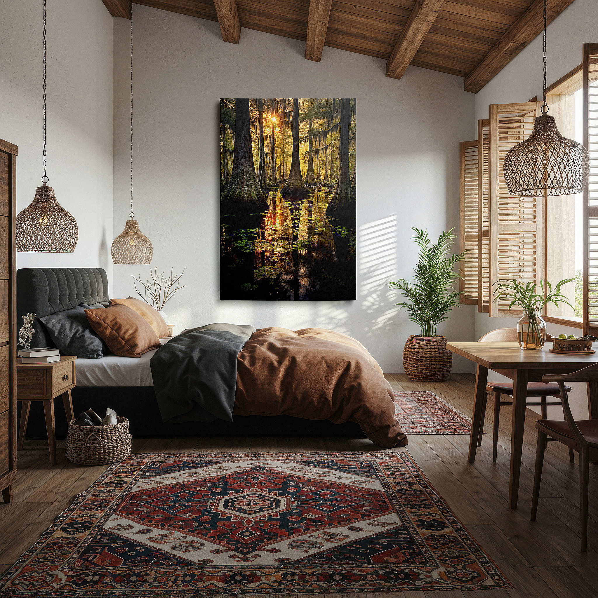Bathed in morning sunlight streaming through sheer curtains — cypress swamp at sunset - serene nature reflections large wall art, canvas wall art, wall decor for office and bedroom