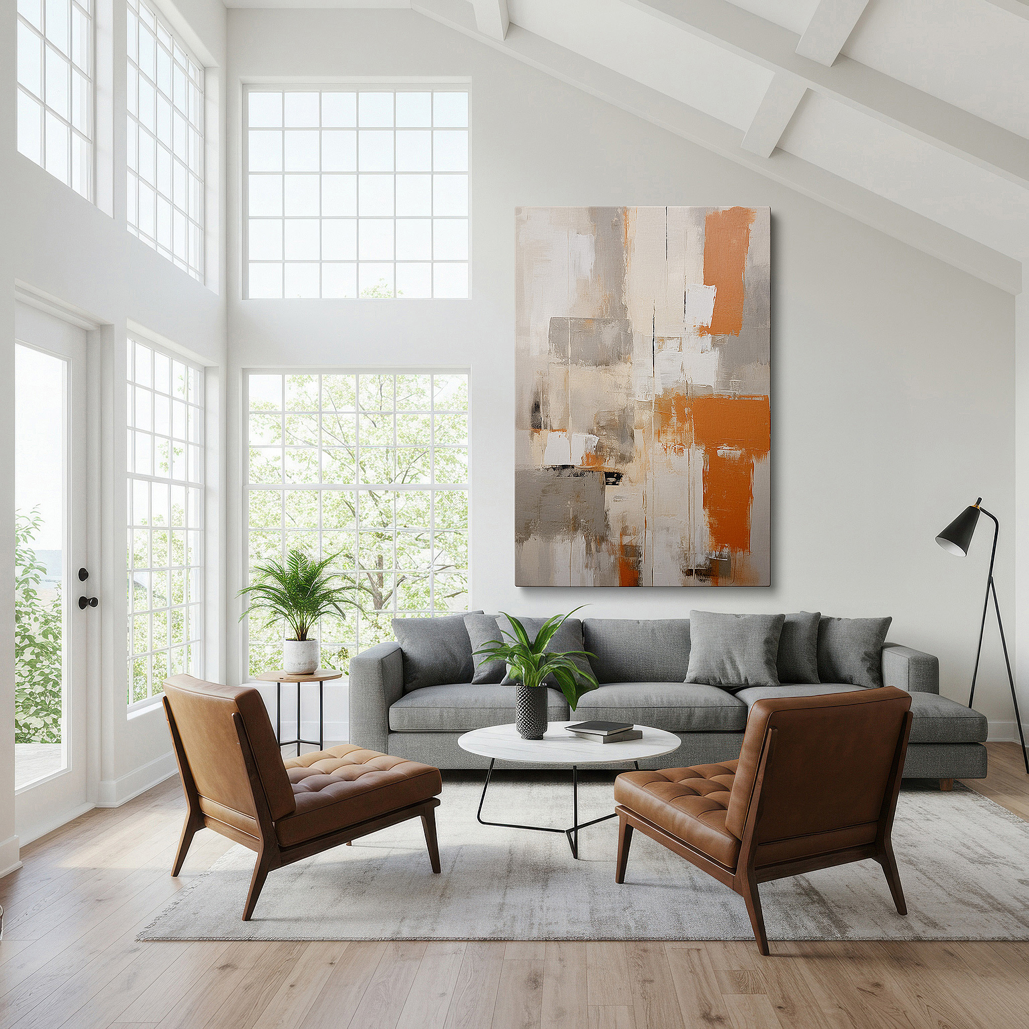 Bathed in morning sunlight streaming through sheer curtains — dynamic abstract art in gray and orange: bold modern statement, large canvas wall decor for offices