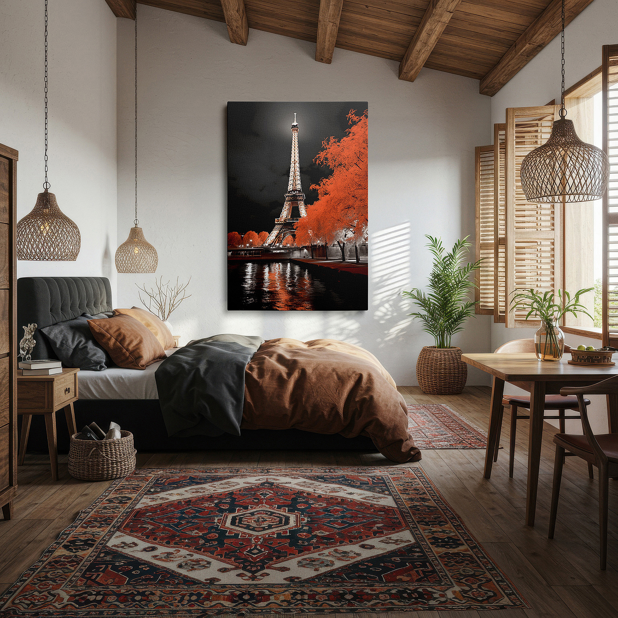 Bathed in morning sunlight streaming through sheer curtains — eiffel tower vibrance amid classic parisian tones, symbol of hope and nostalgia, large canvas wall art for home and office decor