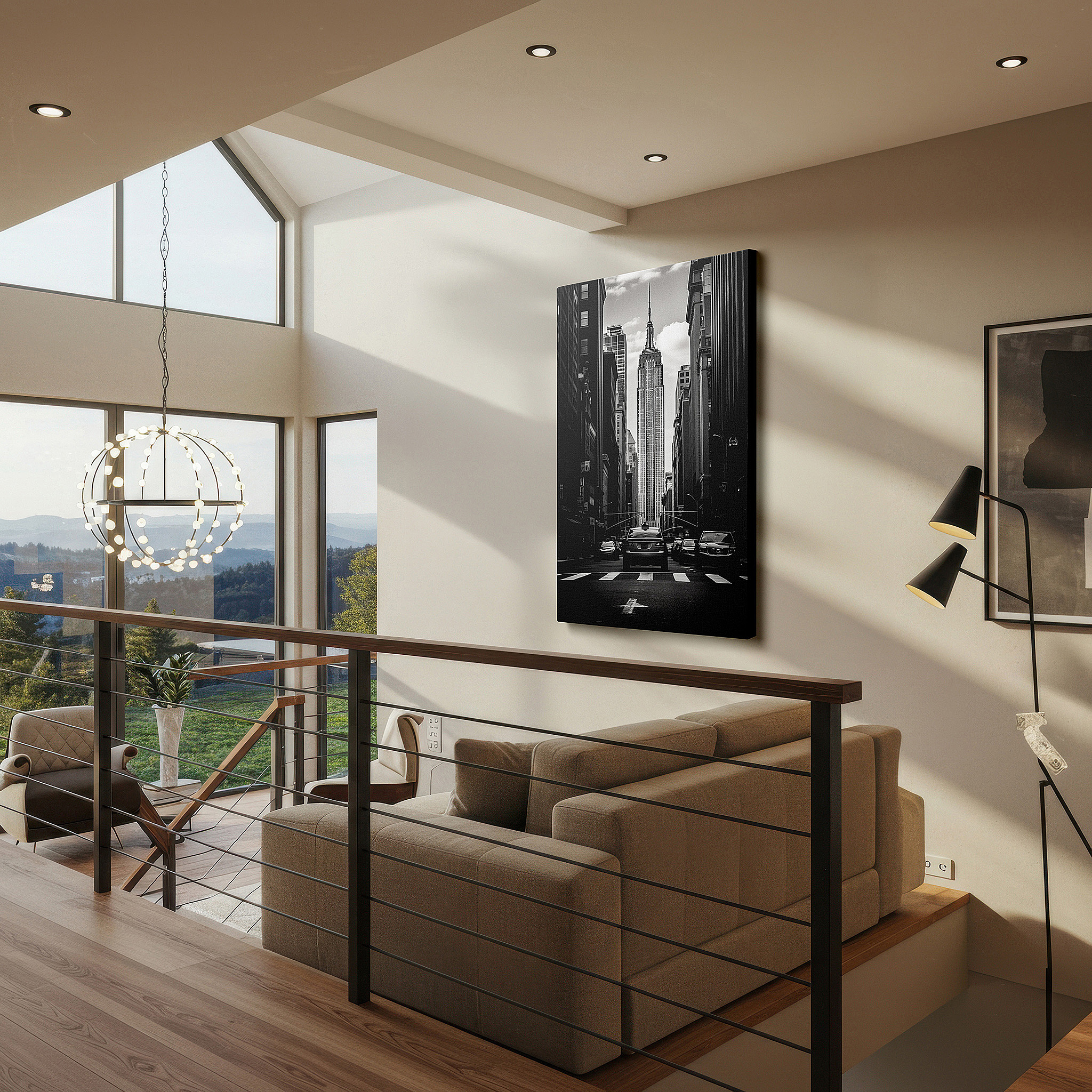 Bathed in morning sunlight streaming through sheer curtains — empire state building: a grand emblem of urban aspiration and vibrant city living - large wall art, canvas wall art, wall decor for offices