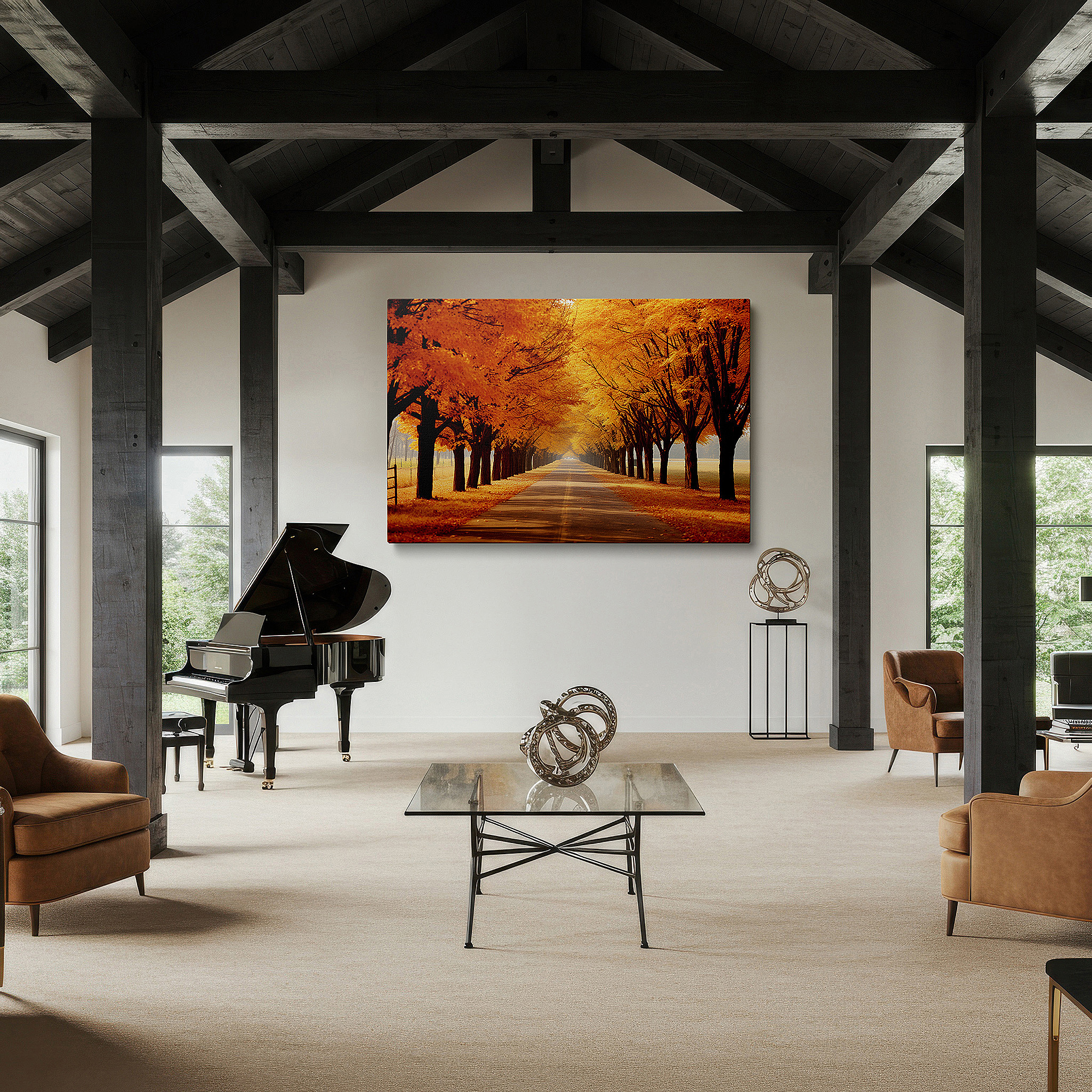 Bathed in morning sunlight streaming through sheer curtains — enchanted autumn pathway - a vivid journey through fiery hues and serene landscapes: large wall art, canvas wall art, wall decor for office