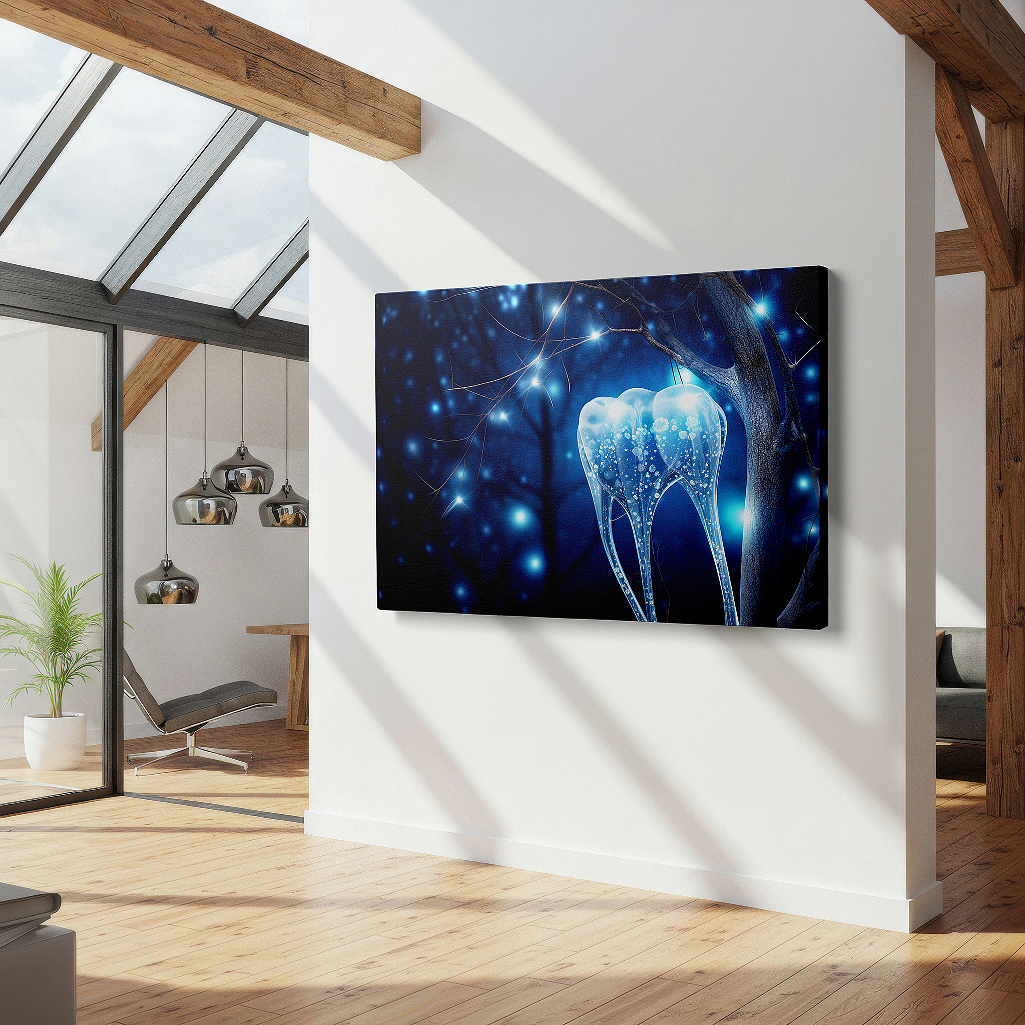 Bathed in morning sunlight streaming through sheer curtains — enchanted tree wall art: surreal nature and fantasy fusion with glowing teeth - large canvas for home and office decor, ideal for living room and bedroom