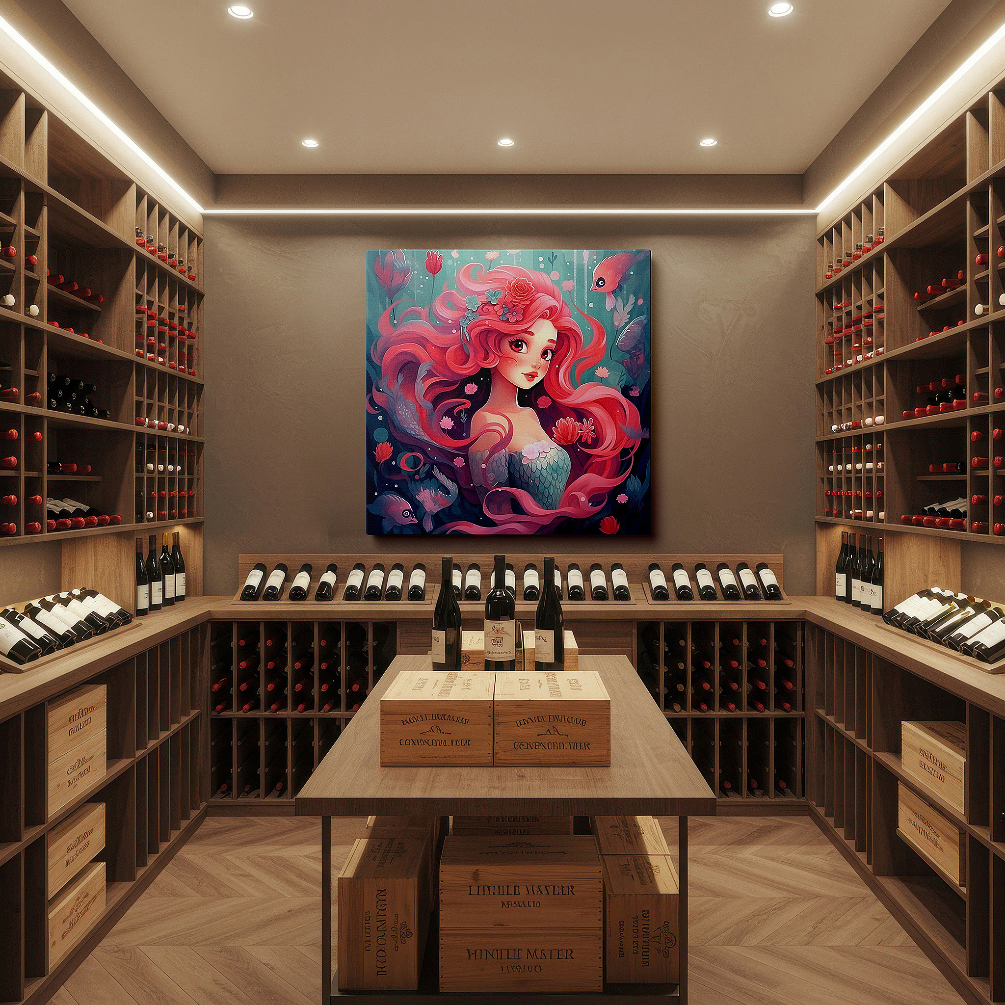 Bathed in morning sunlight streaming through sheer curtains — enchanting mermaid with coral hair large canvas wall art for bedroom and office decor in a magical underwater realm