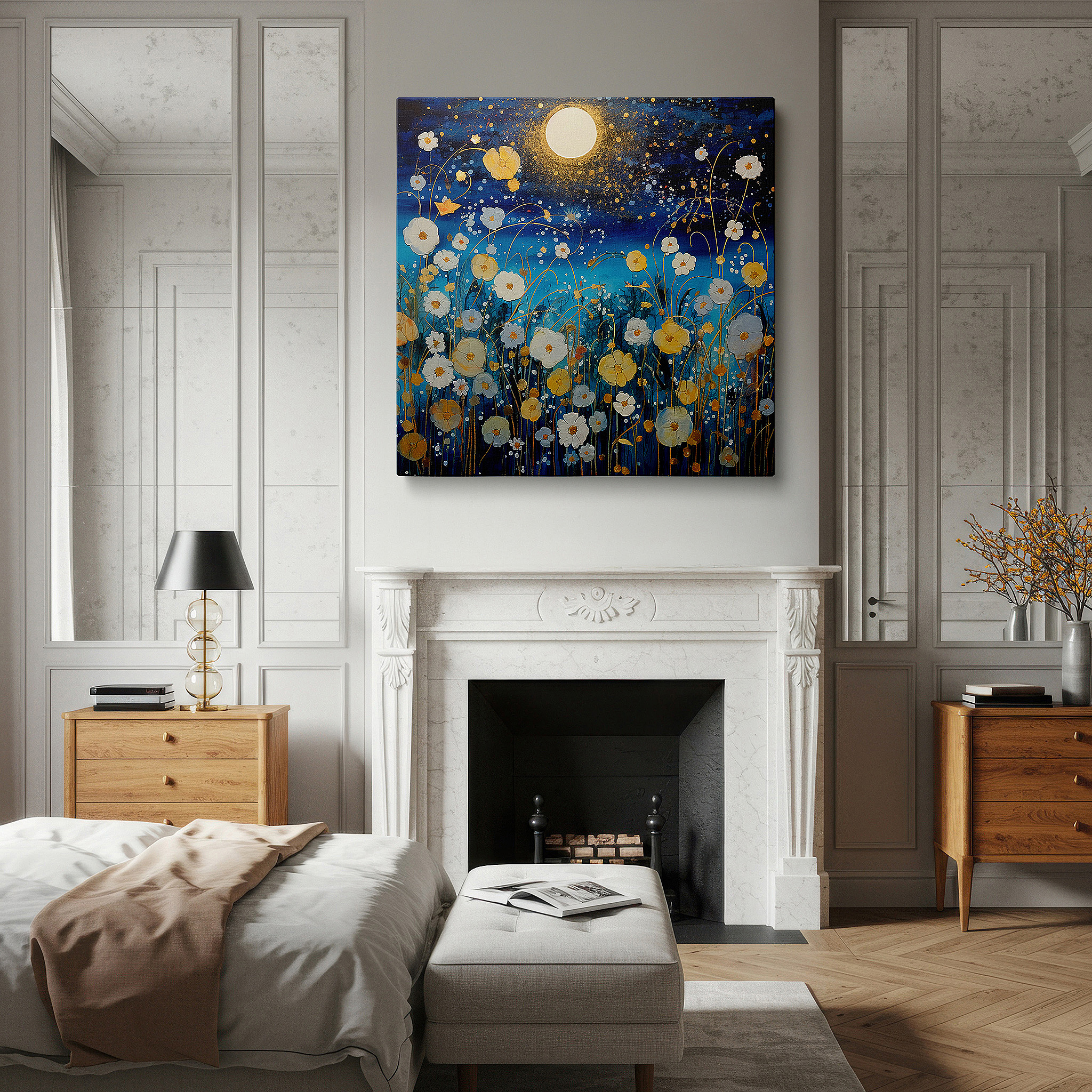 Bathed in morning sunlight streaming through sheer curtains — ethereal blue moonlit garden - tranquil nighttime paradise with glowing flowers and soft gold highlights, large canvas wall art