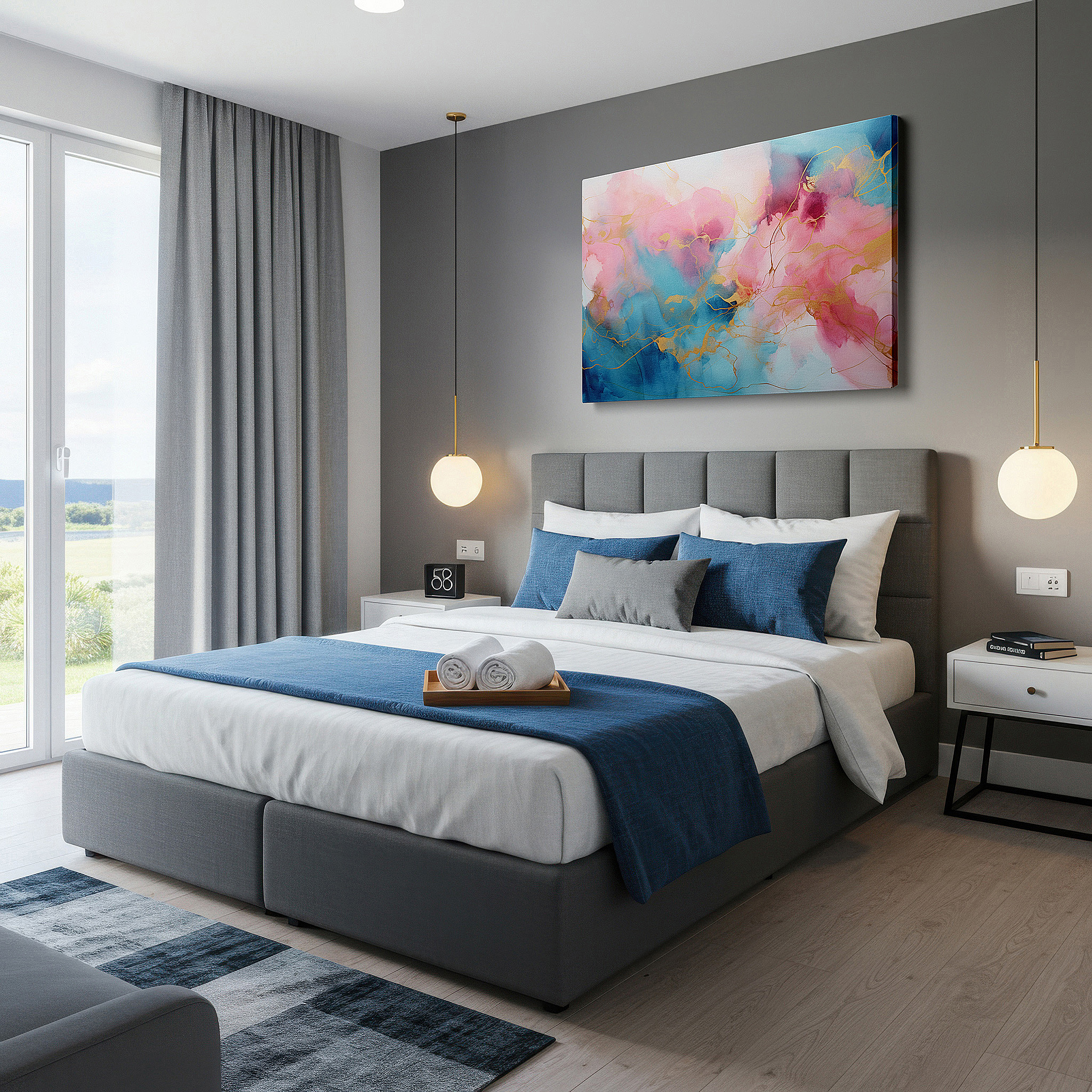 Bathed in morning sunlight streaming through sheer curtains — ethereal canvas wall art featuring dreamlike pinks, blues, and gold lines for office, bedroom, and living room decor