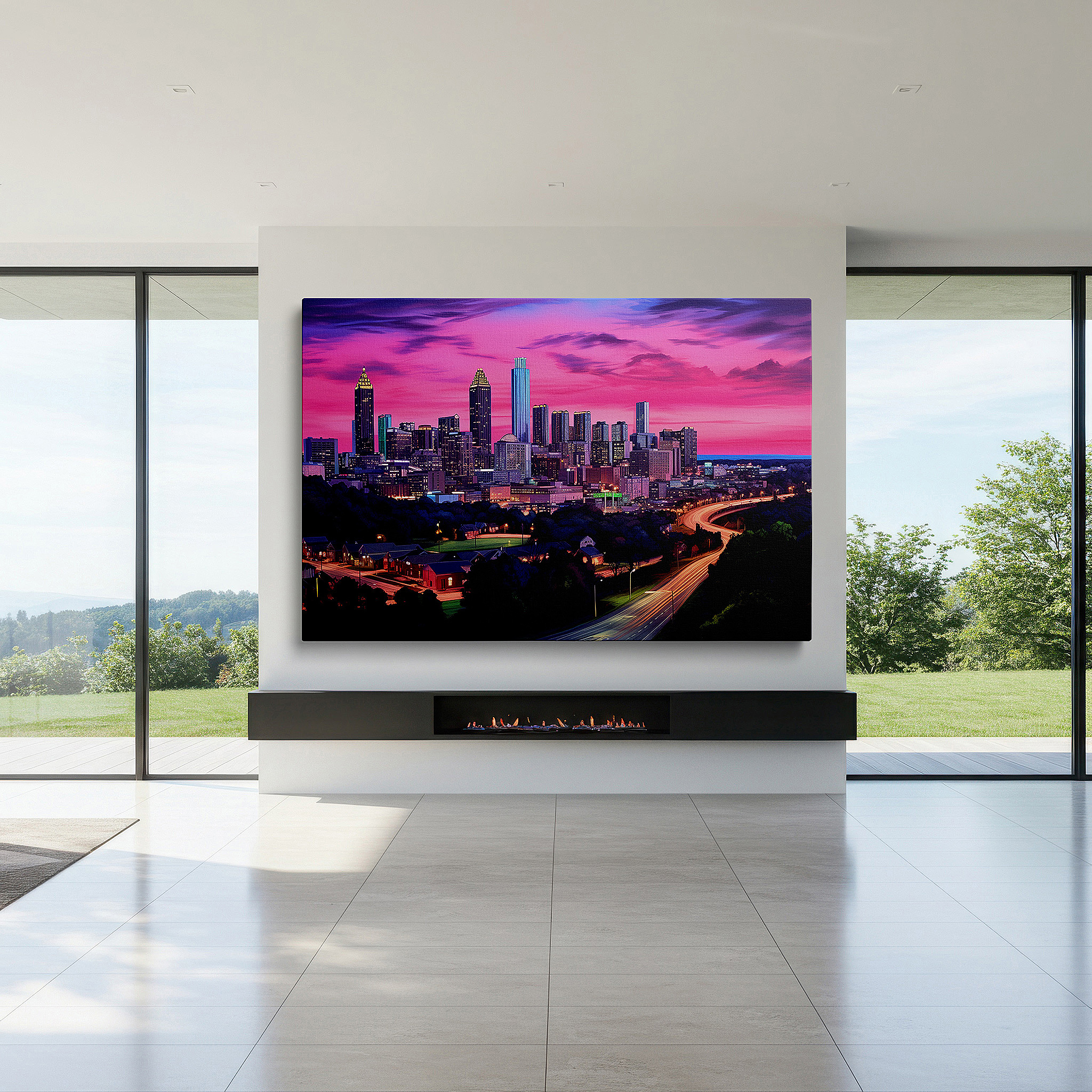 Bathed in morning sunlight streaming through sheer curtains — evening glow over atlanta skyline: a showcase of urban vitality and architectural beauty - large wall art, canvas wall art, wall decor for office