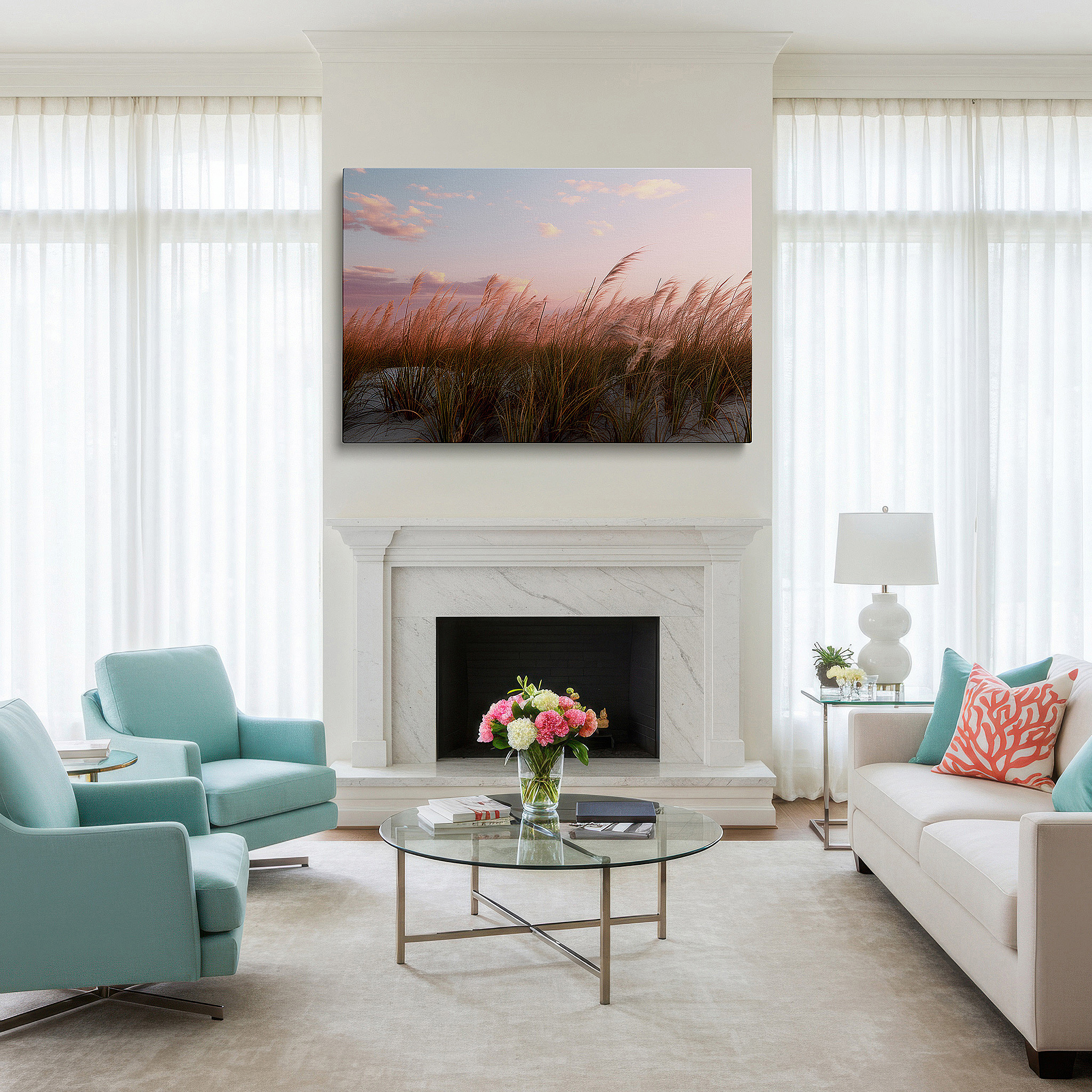 Bathed in morning sunlight streaming through sheer curtains — evening serenity by the shore: pink sunset and swaying dune grass large wall art, canvas wall art, wall decor for office and bedroom