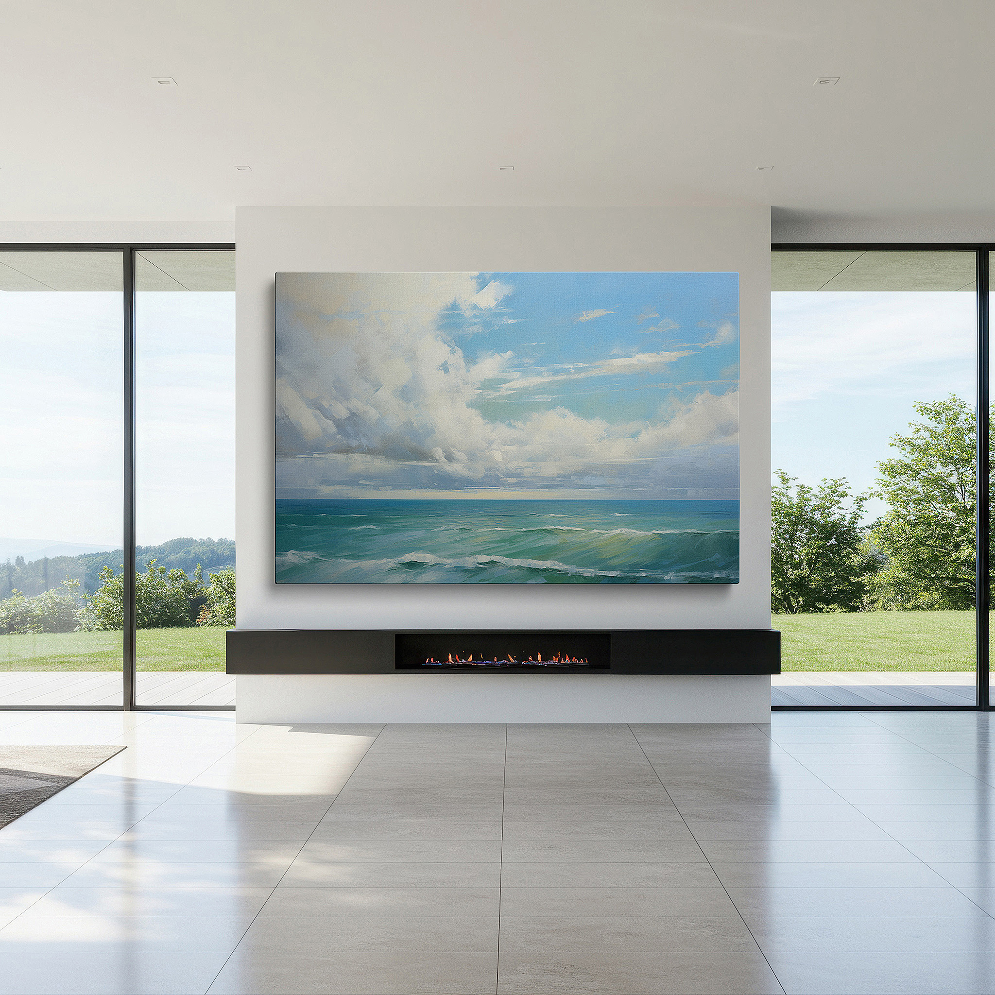 Bathed in morning sunlight streaming through sheer curtains — gentle waves caressing the sandy shore beneath a radiant sky - large wall art, canvas wall art, wall decor for office, bedroom, and living room
