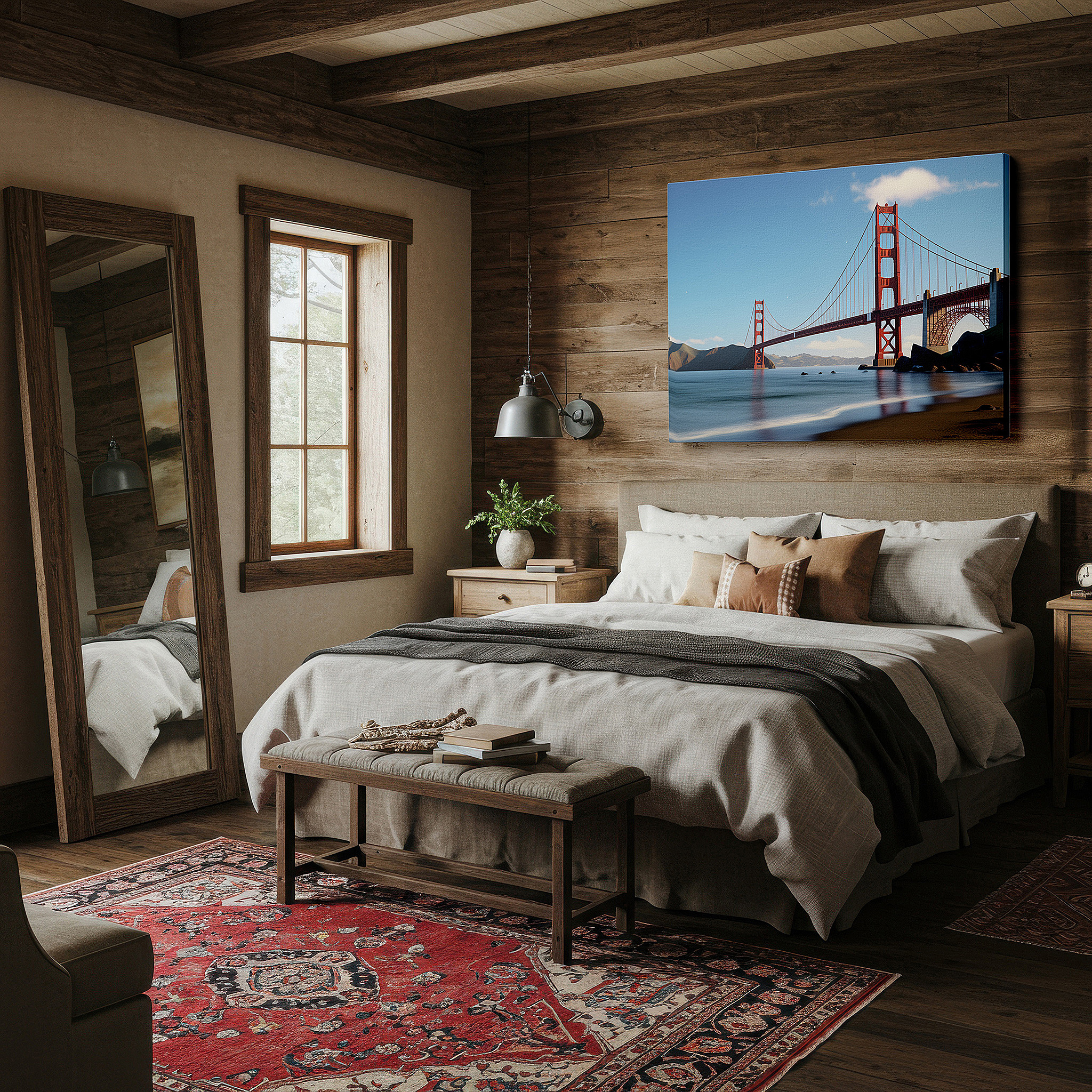 Bathed in morning sunlight streaming through sheer curtains — golden gate bridge - a majestic blend of engineering and natural beauty, large canvas wall art for home and office decor