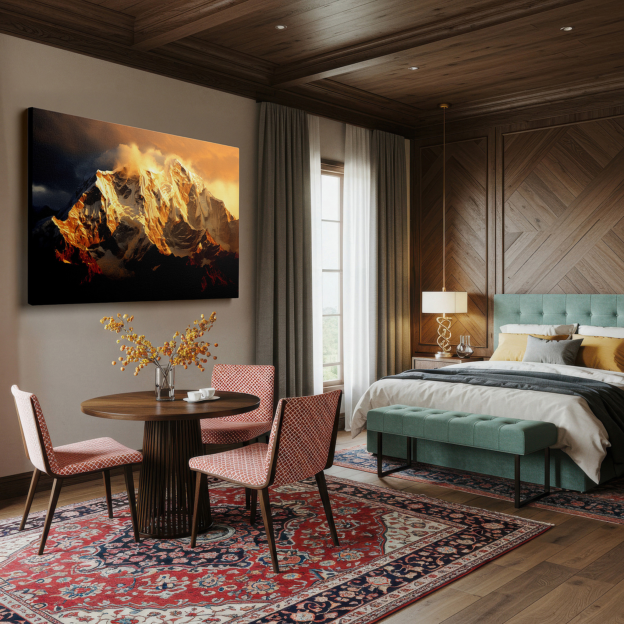 Bathed in morning sunlight streaming through sheer curtains — golden light on majestic peaks: a striking display of nature's splendor, large canvas wall art for home and office decor