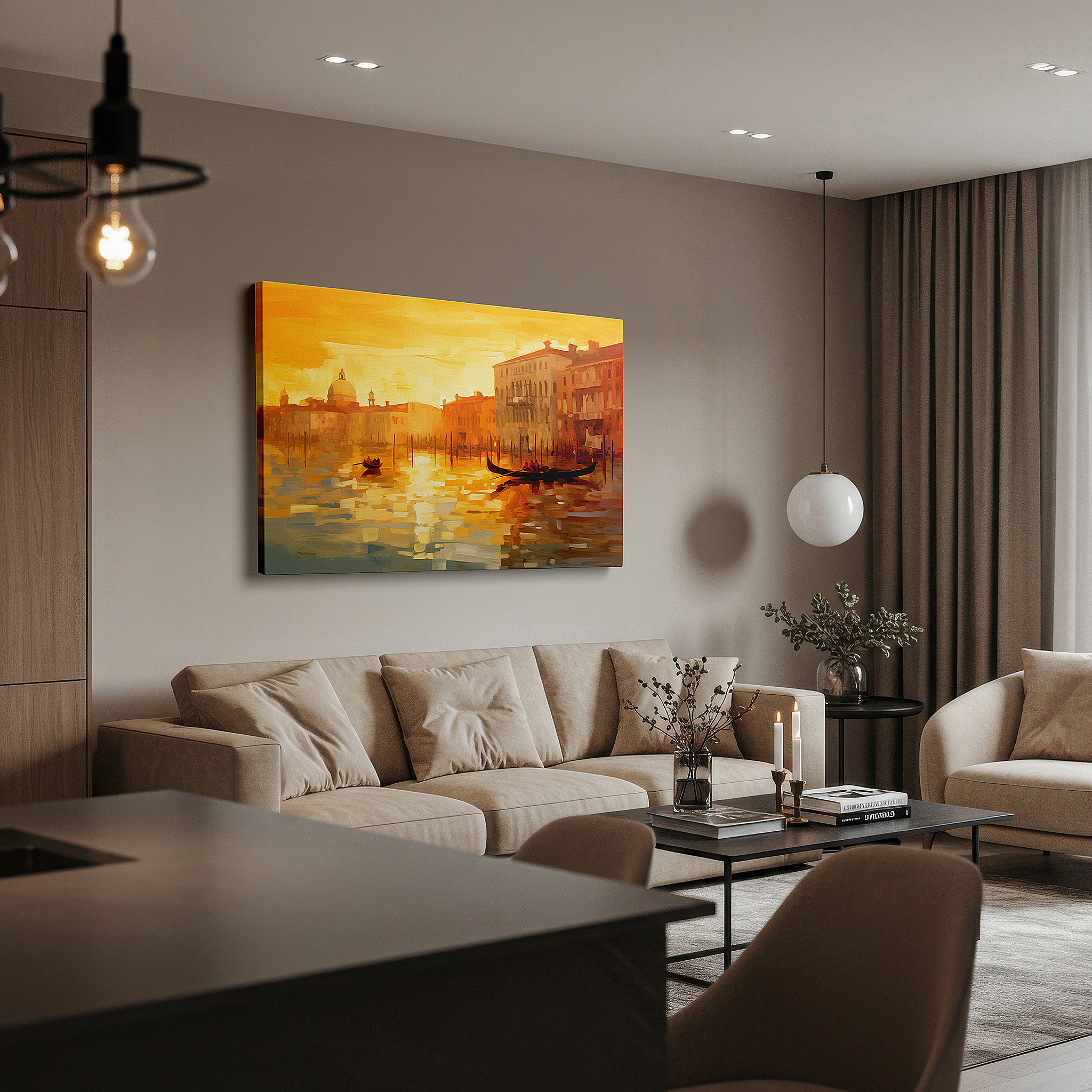 Bathed in morning sunlight streaming through sheer curtains — golden reflections dance across serene waters: vibrant abstract canvas wall art for office, bedroom, and home decor