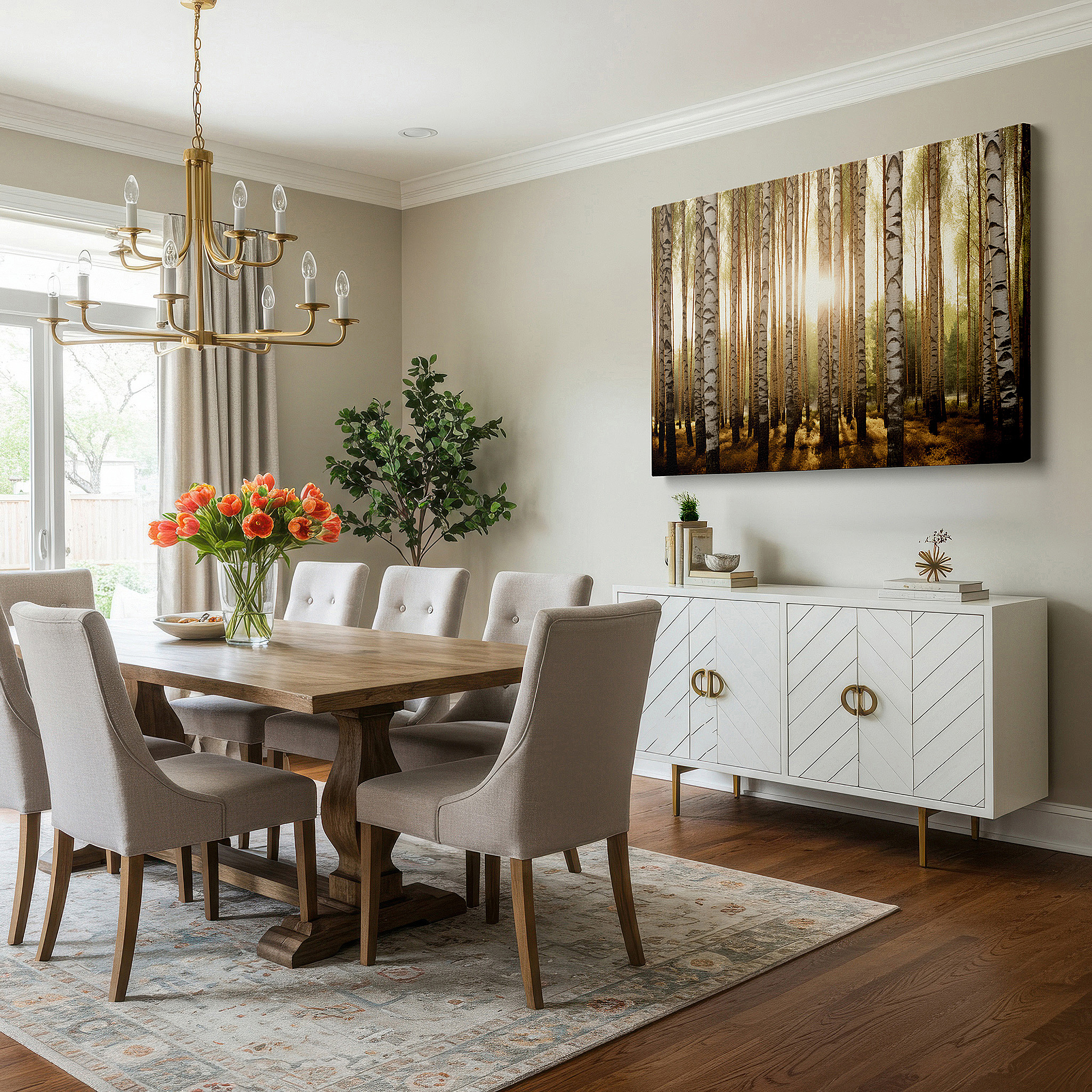Bathed in morning sunlight streaming through sheer curtains — golden sunlight serene birch forest, tranquil nature sanctuary large wall art, canvas wall art, wall decor for office