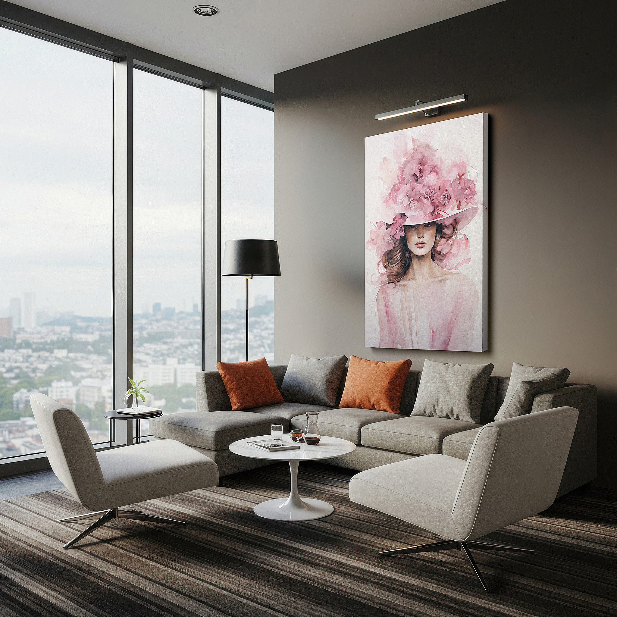 Bathed in morning sunlight streaming through sheer curtains — grace and bloom - tranquil depiction of a woman in a floral hat, soft pastel large canvas wall art for home and office decor