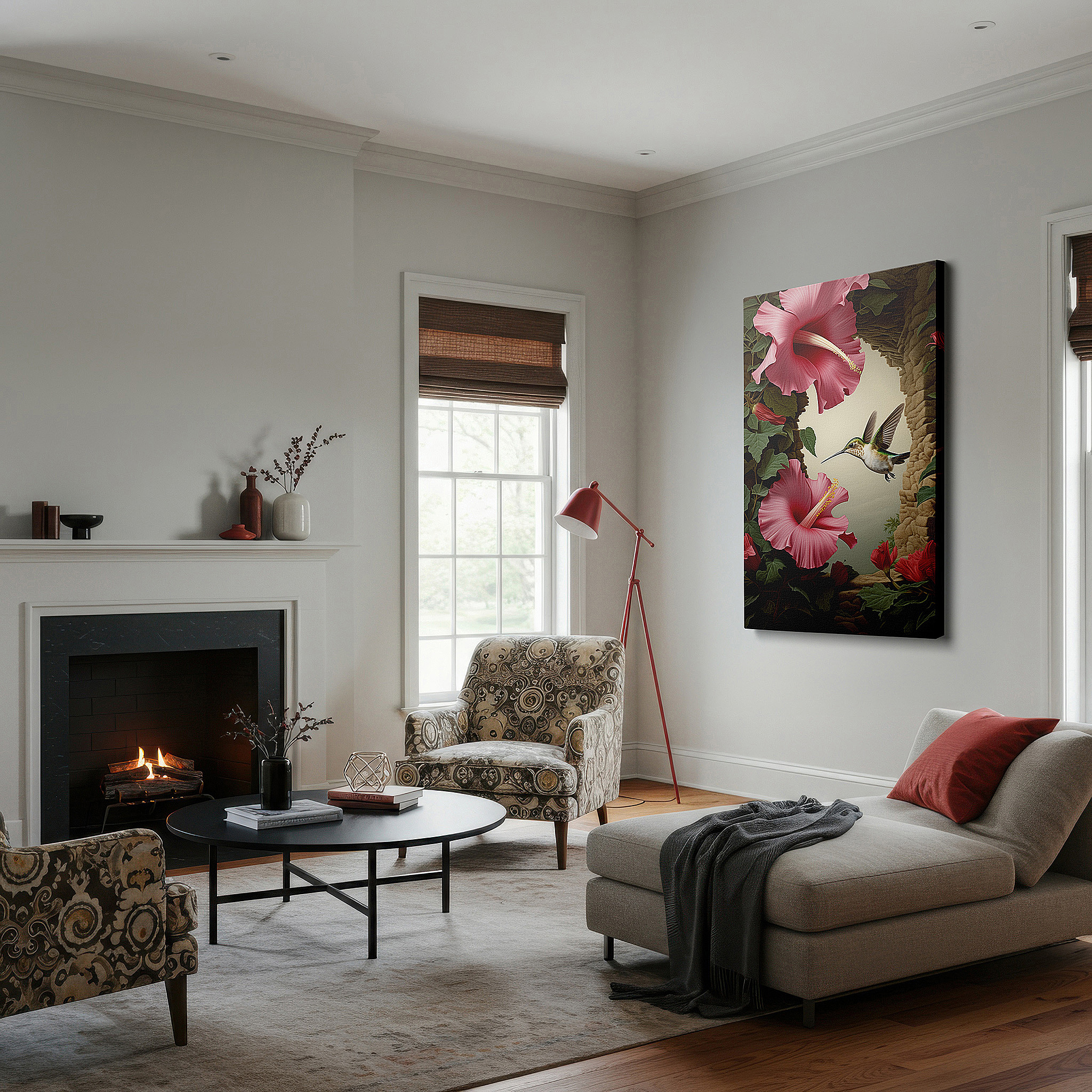 Bathed in morning sunlight streaming through sheer curtains — graceful hummingbird hovering over vibrant hibiscus flowers - large canvas wall art for office, bedroom, and living room decor