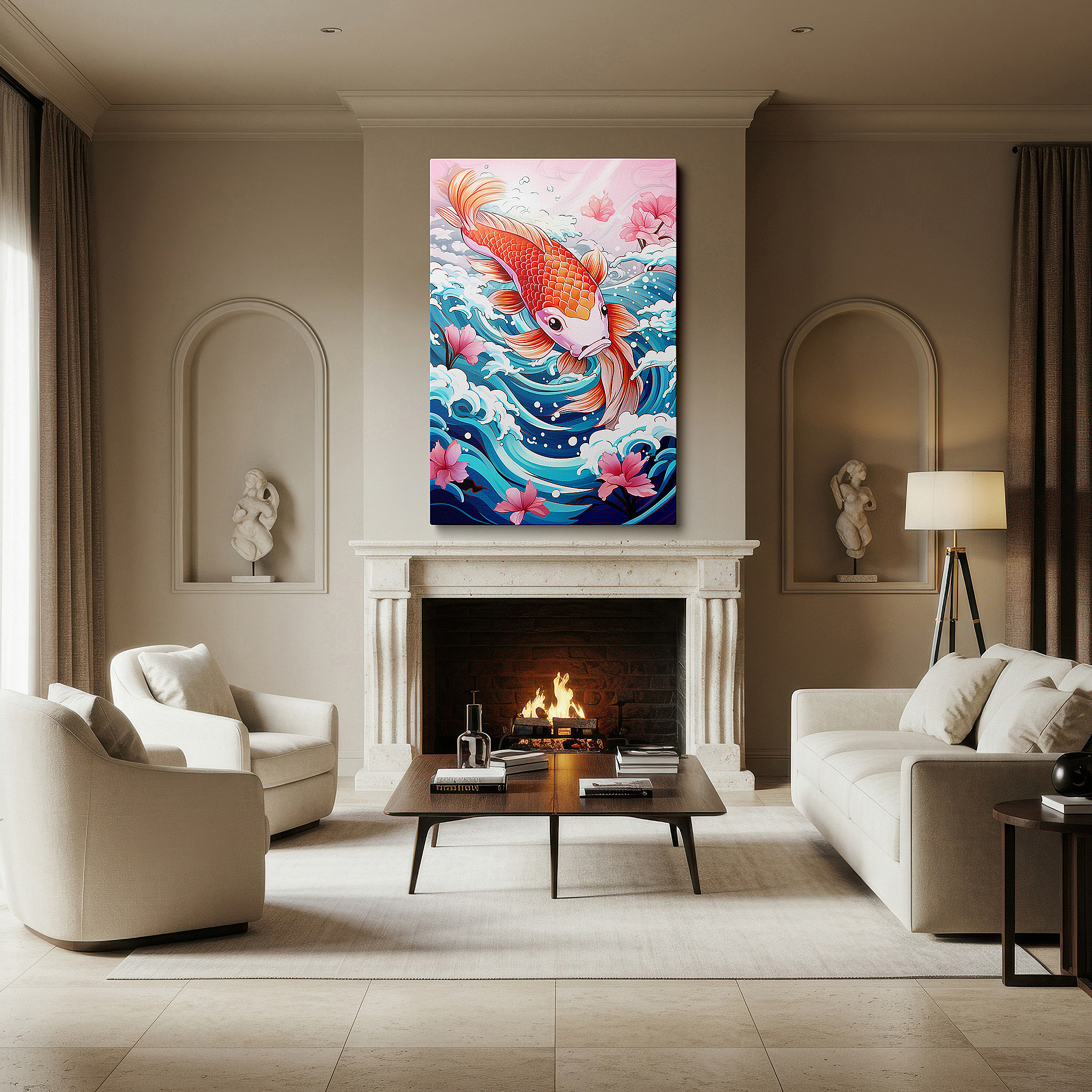 Bathed in morning sunlight streaming through sheer curtains — graceful koi fish swimming in peaceful waters, tranquil and elegant large wall art, canvas wall art, wall decor for office