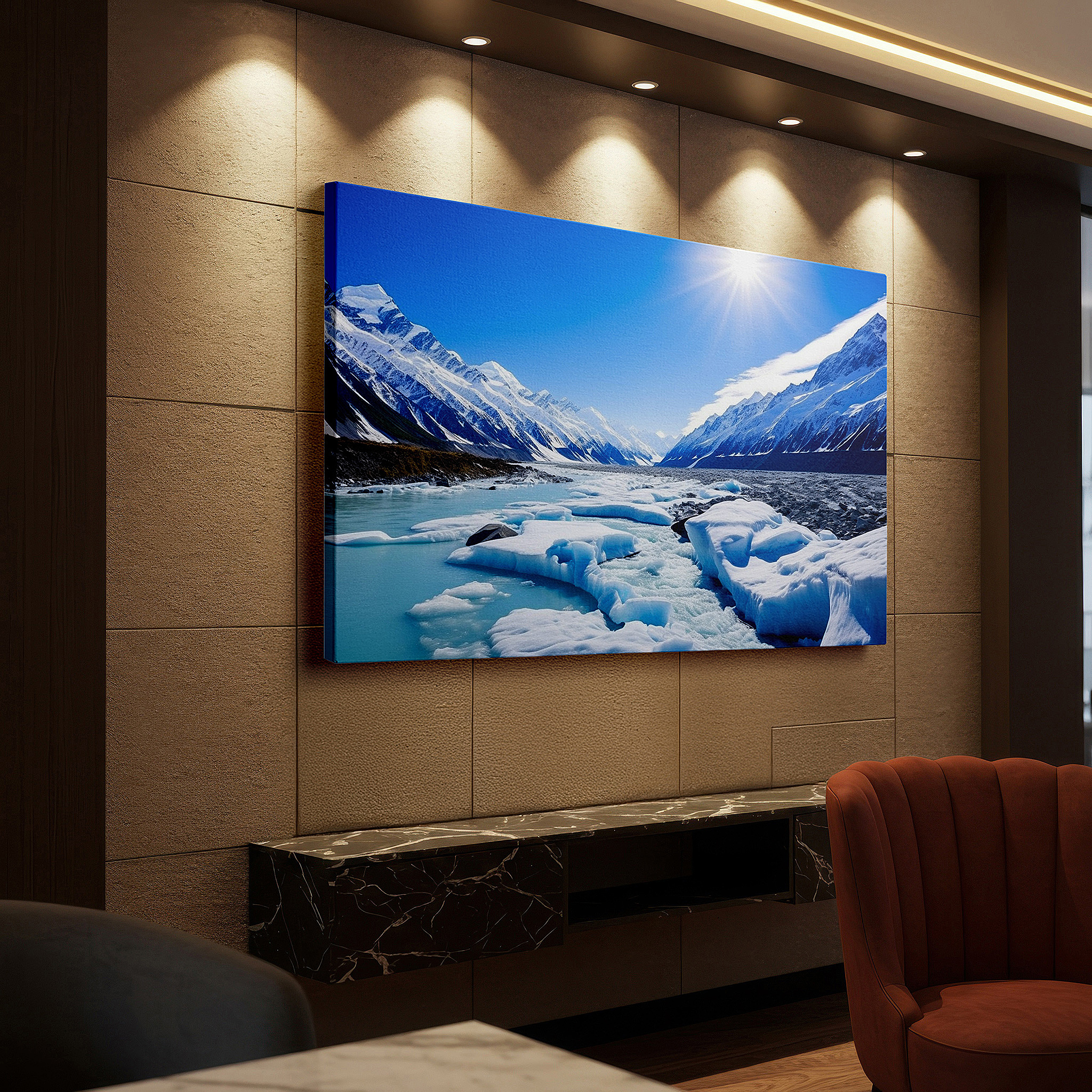 Bathed in morning sunlight streaming through sheer curtains — ice and sky waltz in hues at dawn or dusk: reflecting nature's serene grandeur - large wall art, canvas wall art, wall decor, office wall art