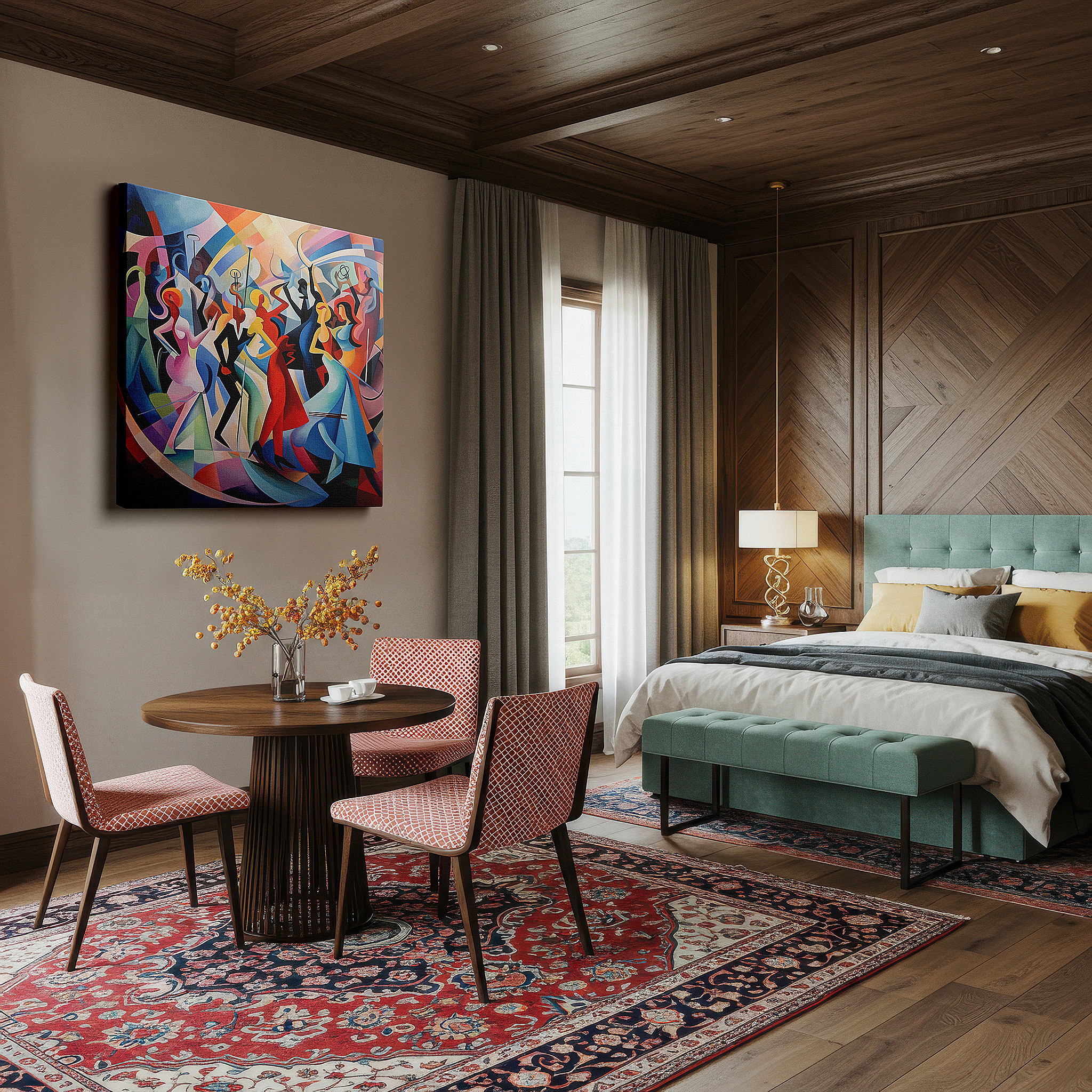 Bathed in morning sunlight streaming through sheer curtains — joyful abstract dance large canvas wall art in vibrant reds, blues, and whites for office and bedroom decor