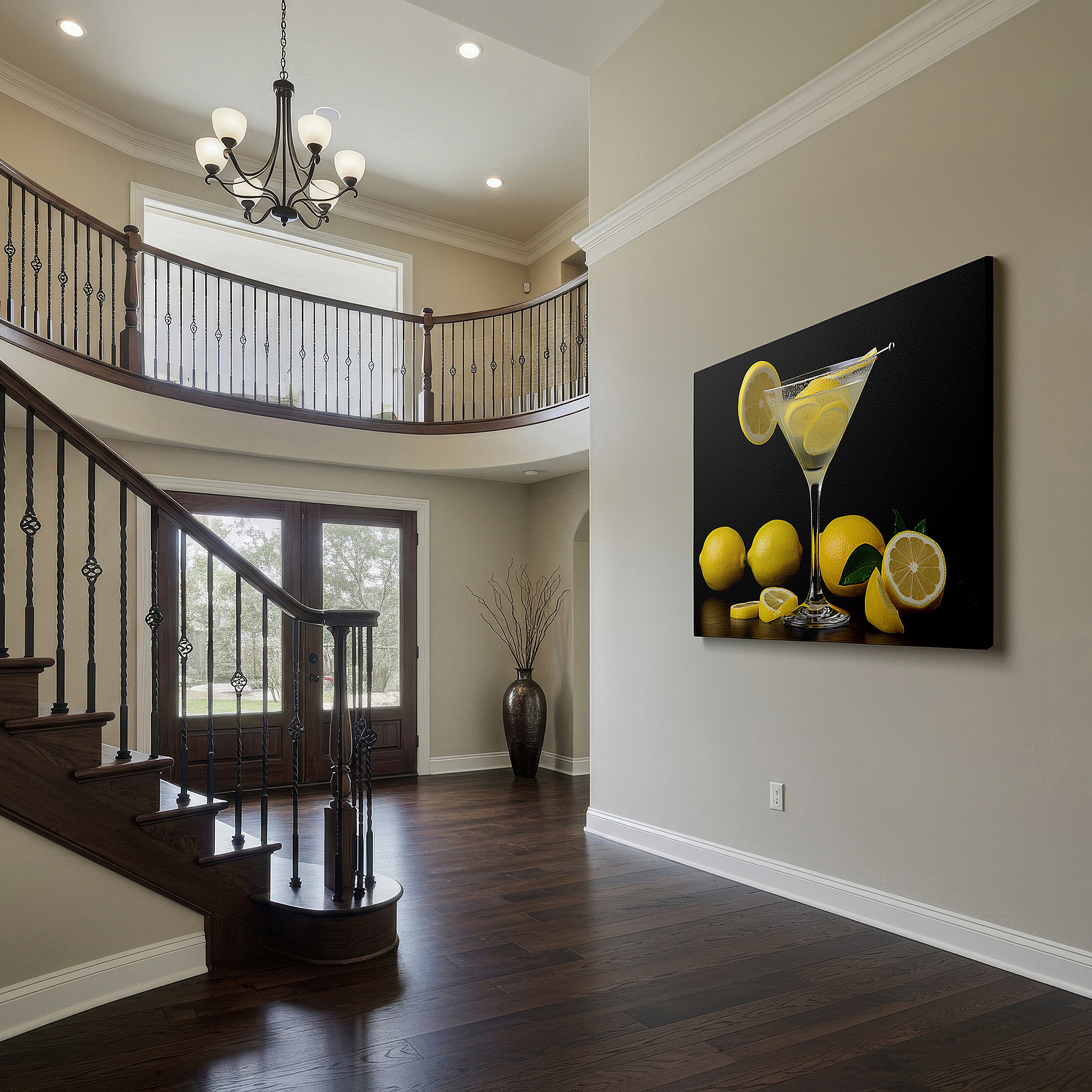 Bathed in morning sunlight streaming through sheer curtains — lemon martini wall art: vibrant masterpiece with a dark, mysterious backdrop - large canvas art for office and bedroom decor