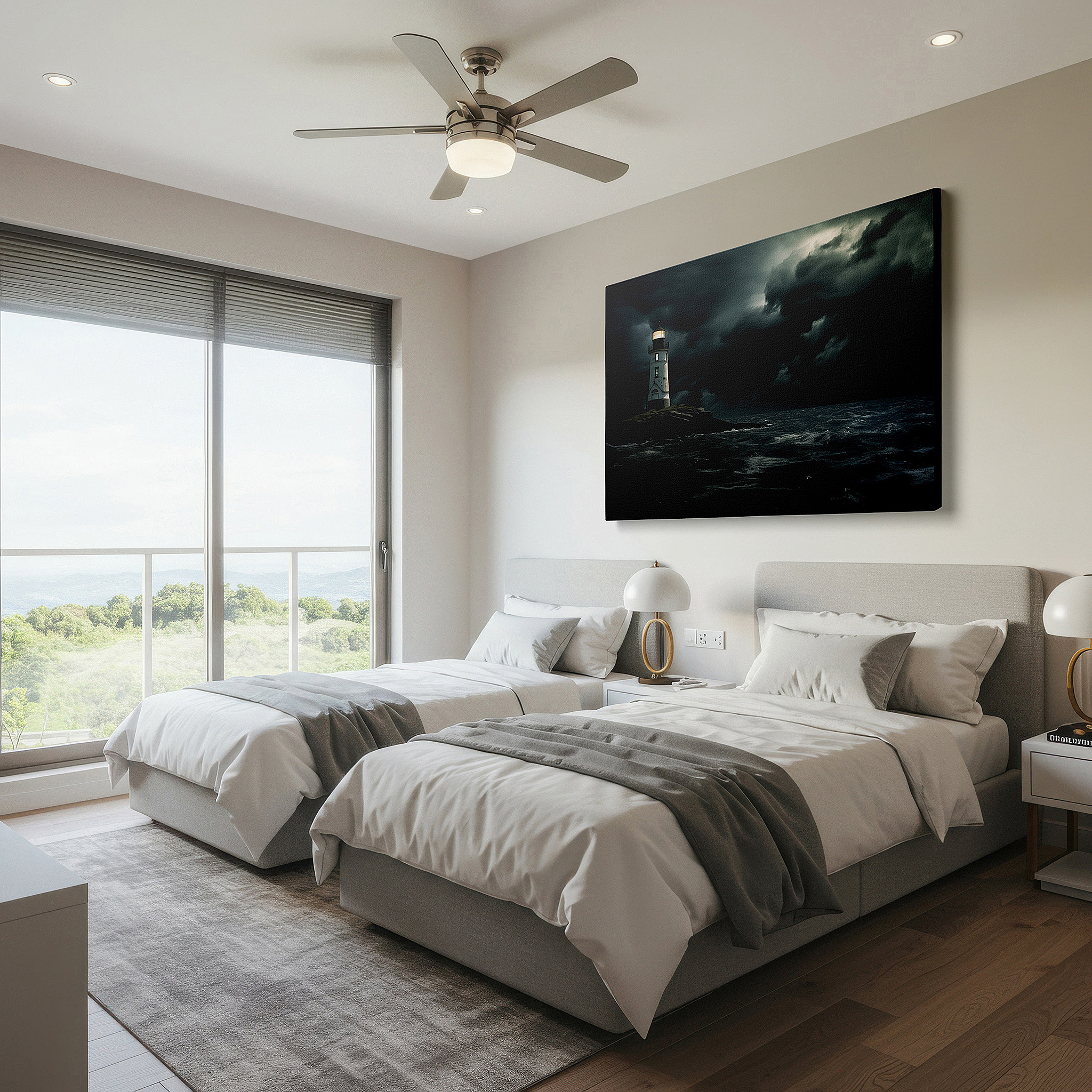 Bathed in morning sunlight streaming through sheer curtains — lighthouse amidst stormy seas wall art - symbolizing resilience and hope, perfect for home or office decor, available as large canvas