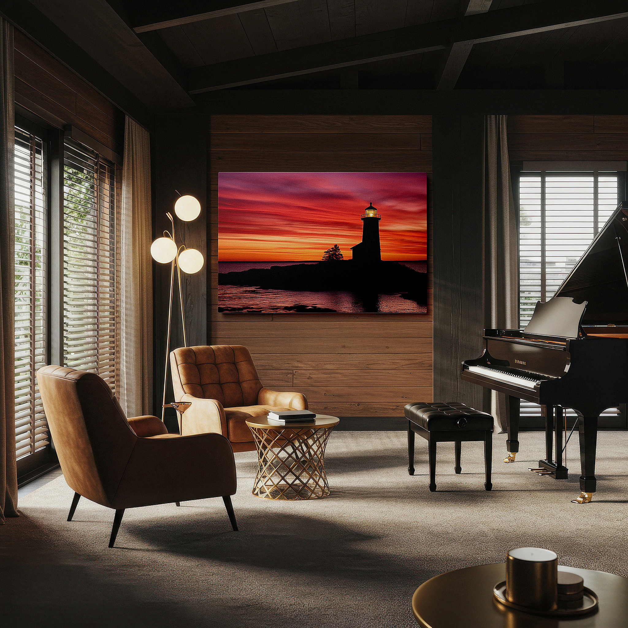 Bathed in morning sunlight streaming through sheer curtains — lighthouse beacon at sunset: a symbol of guidance and safety - large canvas wall art for office and bedroom decor