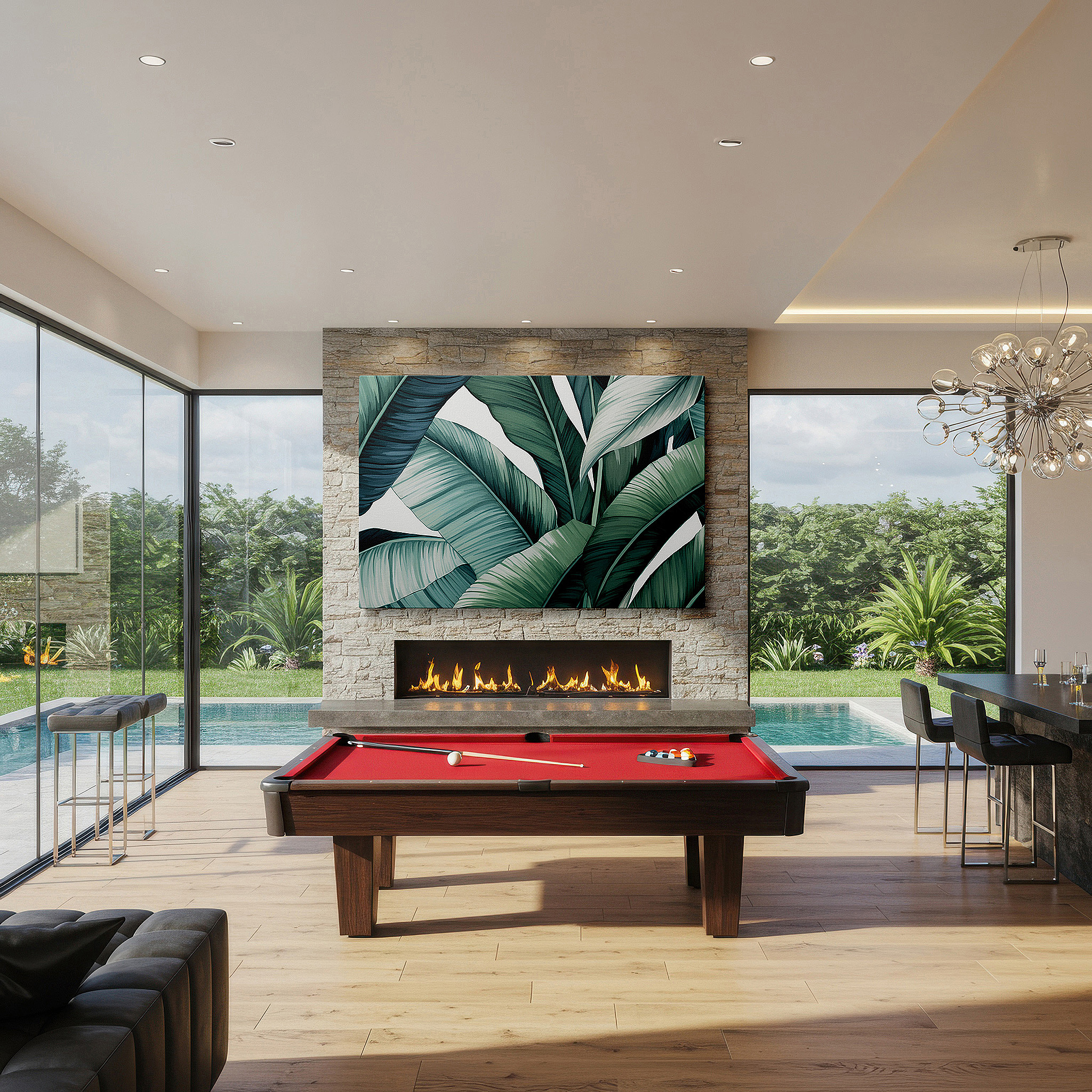Bathed in morning sunlight streaming through sheer curtains — lush tropical foliage featuring vibrant greens: a peaceful entrance to nature's serenity - large wall art, canvas wall art, wall decor for offices