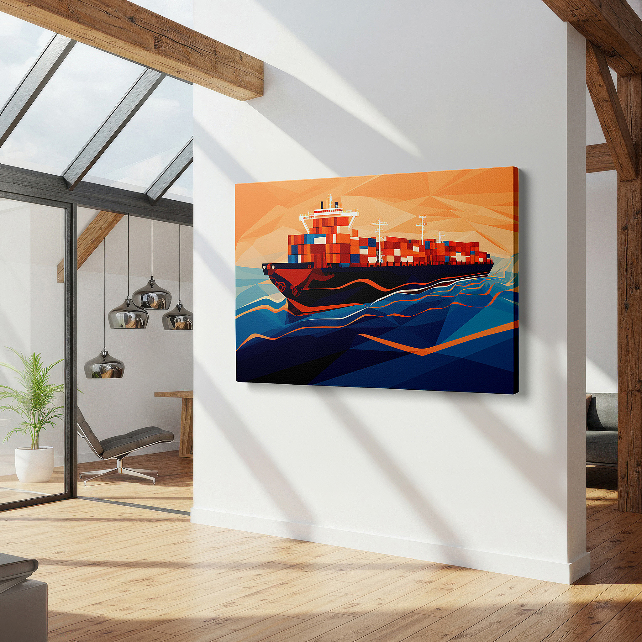 Bathed in morning sunlight streaming through sheer curtains — majestic cargo ship canvas wall art: tranquil ocean waves at sunset for office, bedroom, and home decor
