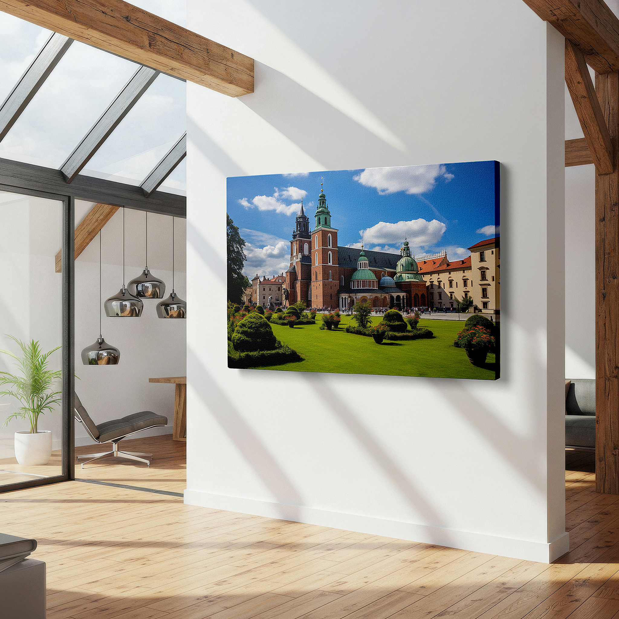 Bathed in morning sunlight streaming through sheer curtains — majestic cathedral surrounded by lush gardens beneath a tranquil blue sky large wall art, canvas wall art, wall decor for office and bedroom