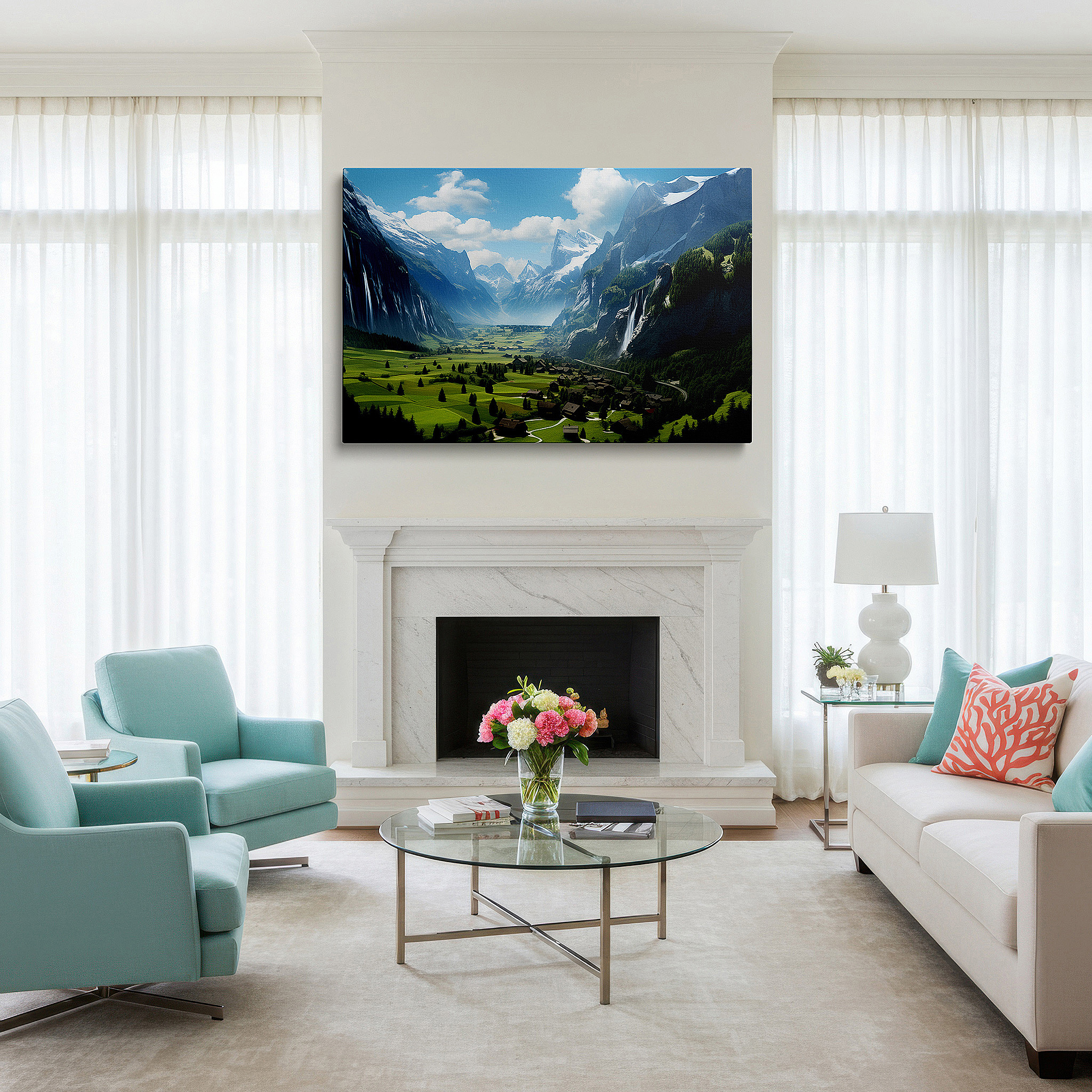Bathed in morning sunlight streaming through sheer curtains — majestic mountains and charming village surrounded by green valleys and waterfalls - large canvas wall art for home and office decor