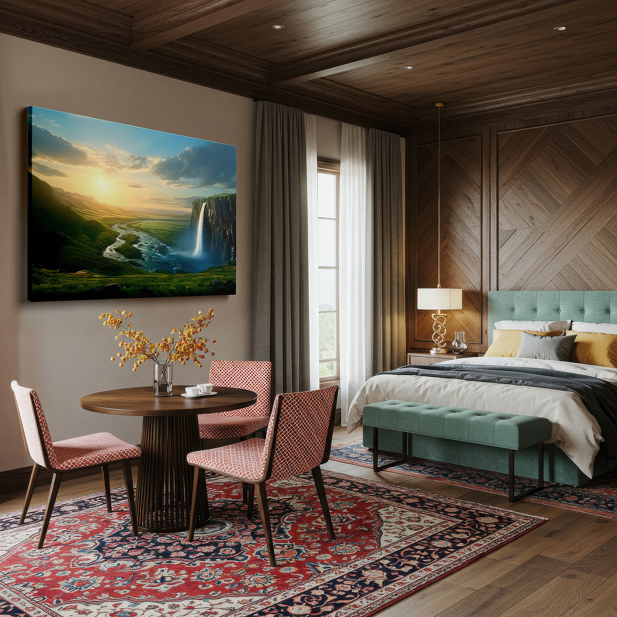 Bathed in morning sunlight streaming through sheer curtains — majestic waterfall and peaceful river in a lush valley large wall art, canvas wall art, wall decor for office, bedroom, and living room