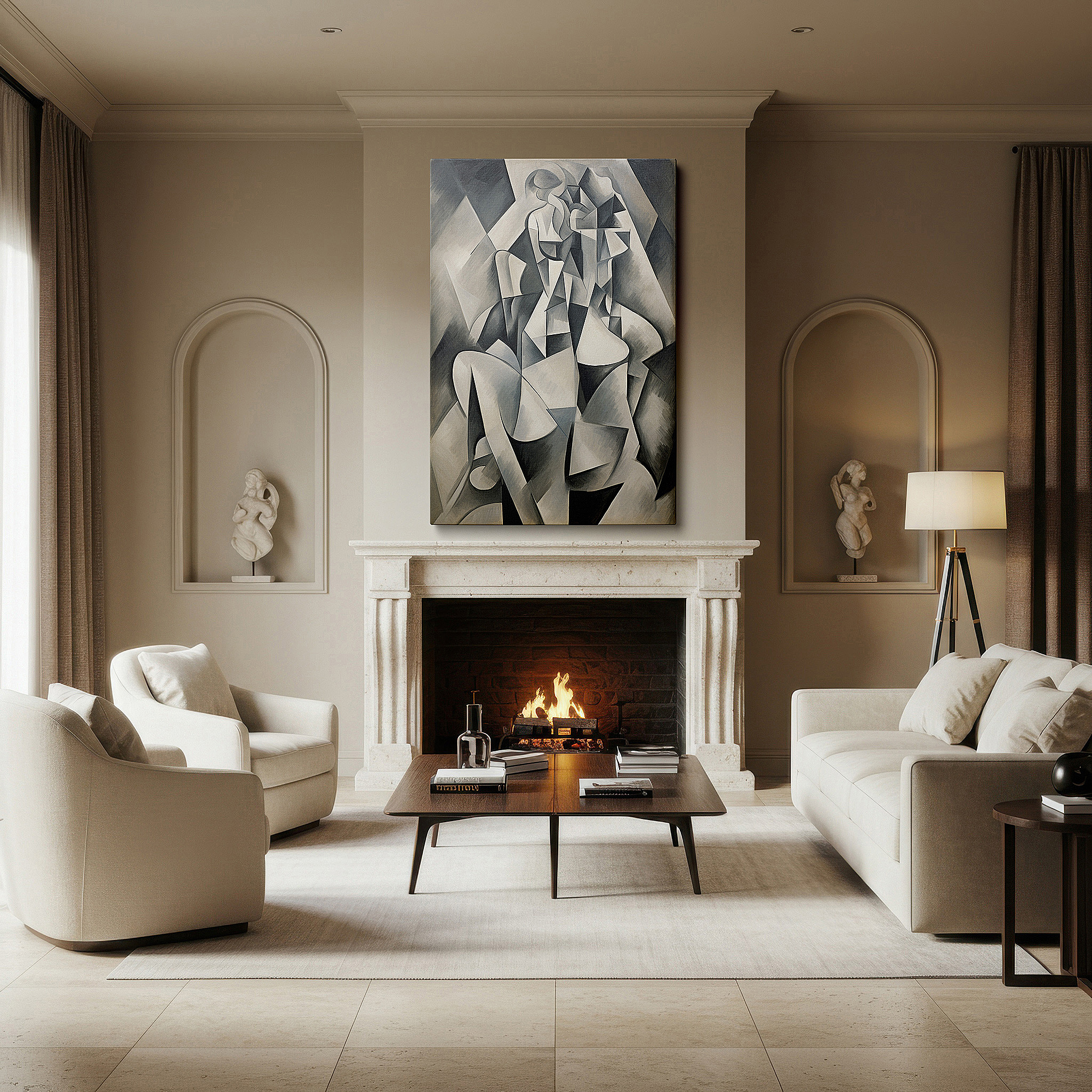 Bathed in morning sunlight streaming through sheer curtains — masterful black and white cubist artwork, conveying emotional depth and dynamic interaction, ideal for large wall spaces, canvas wall art, office decor