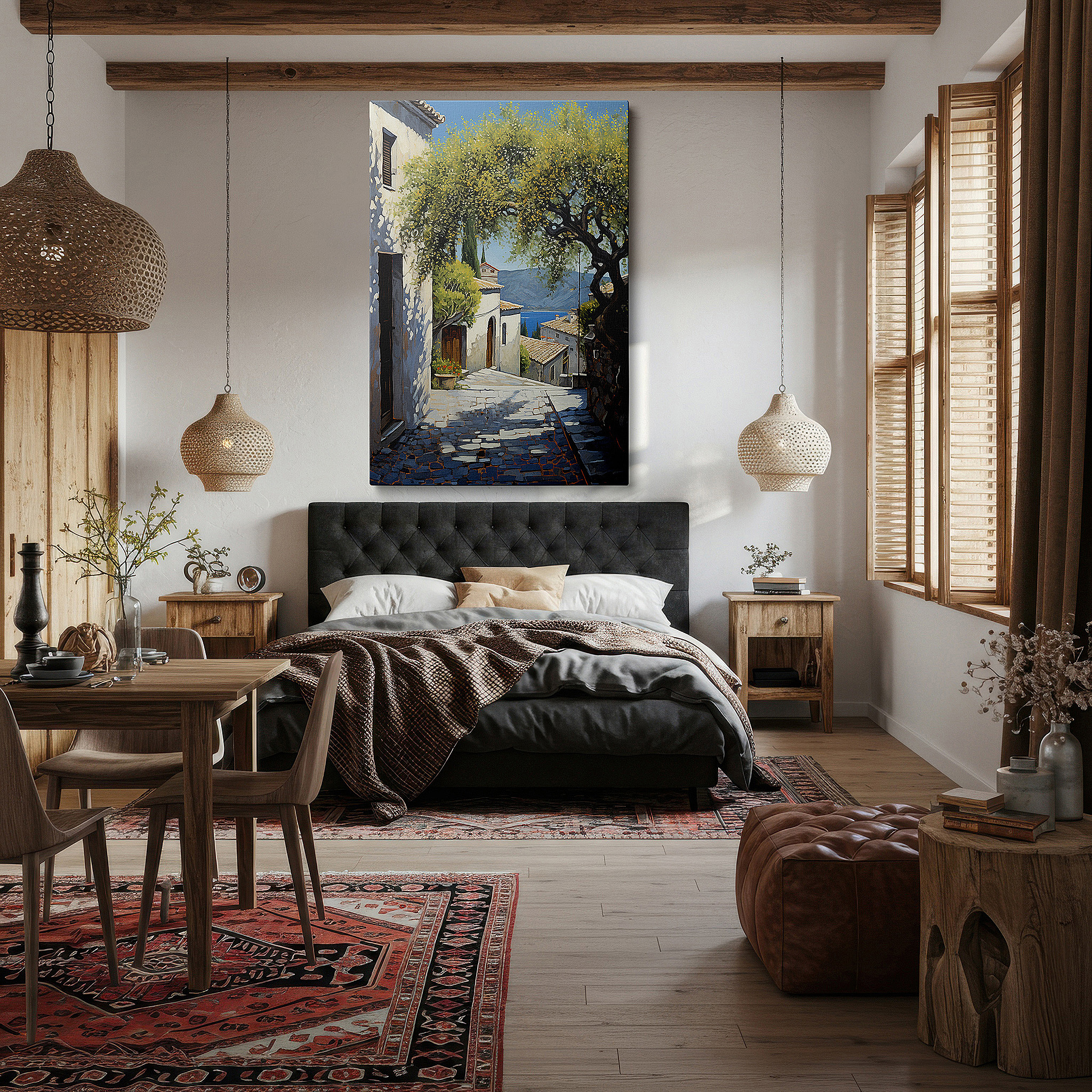 Bathed in morning sunlight streaming through sheer curtains — mediterranean coastal escape wall art: sunlit, rustic charm with serene views - large canvas for office and bedroom decor