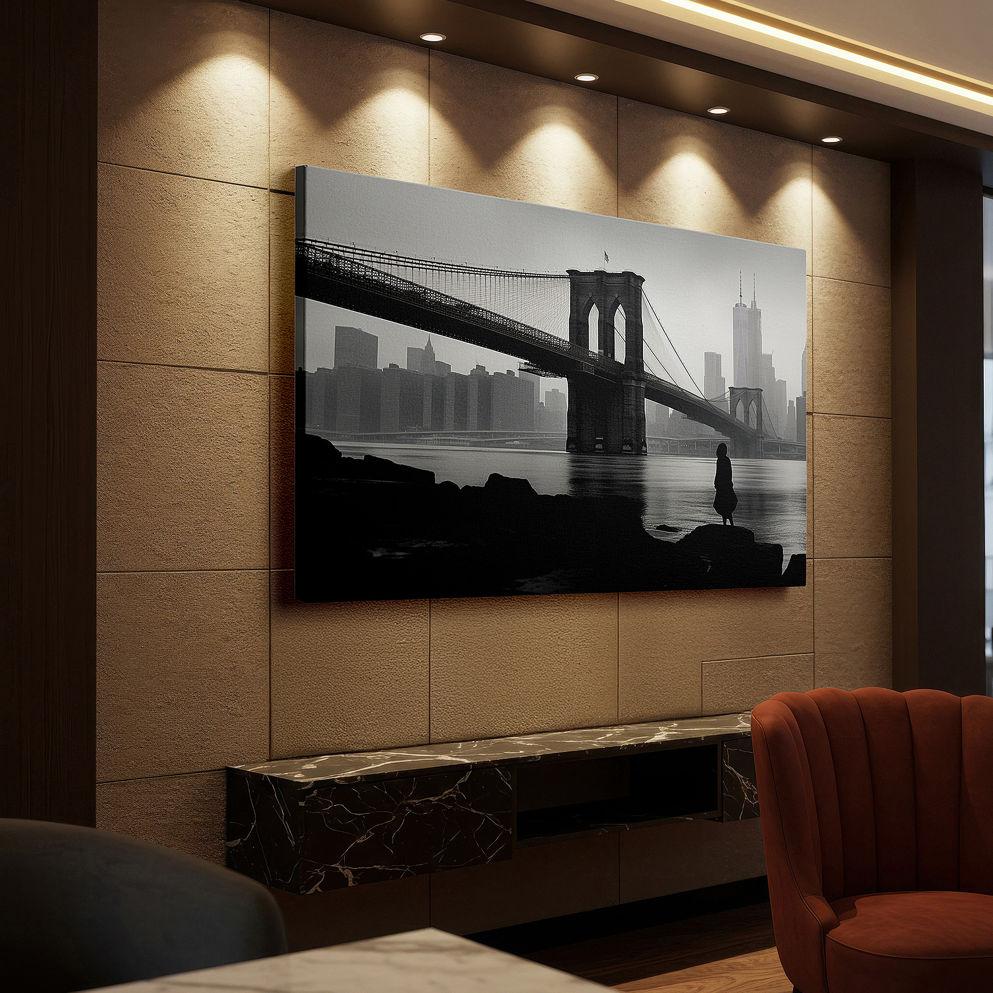 Bathed in morning sunlight streaming through sheer curtains — misty brooklyn bridge solitary contemplation large canvas wall art for office and bedroom decor