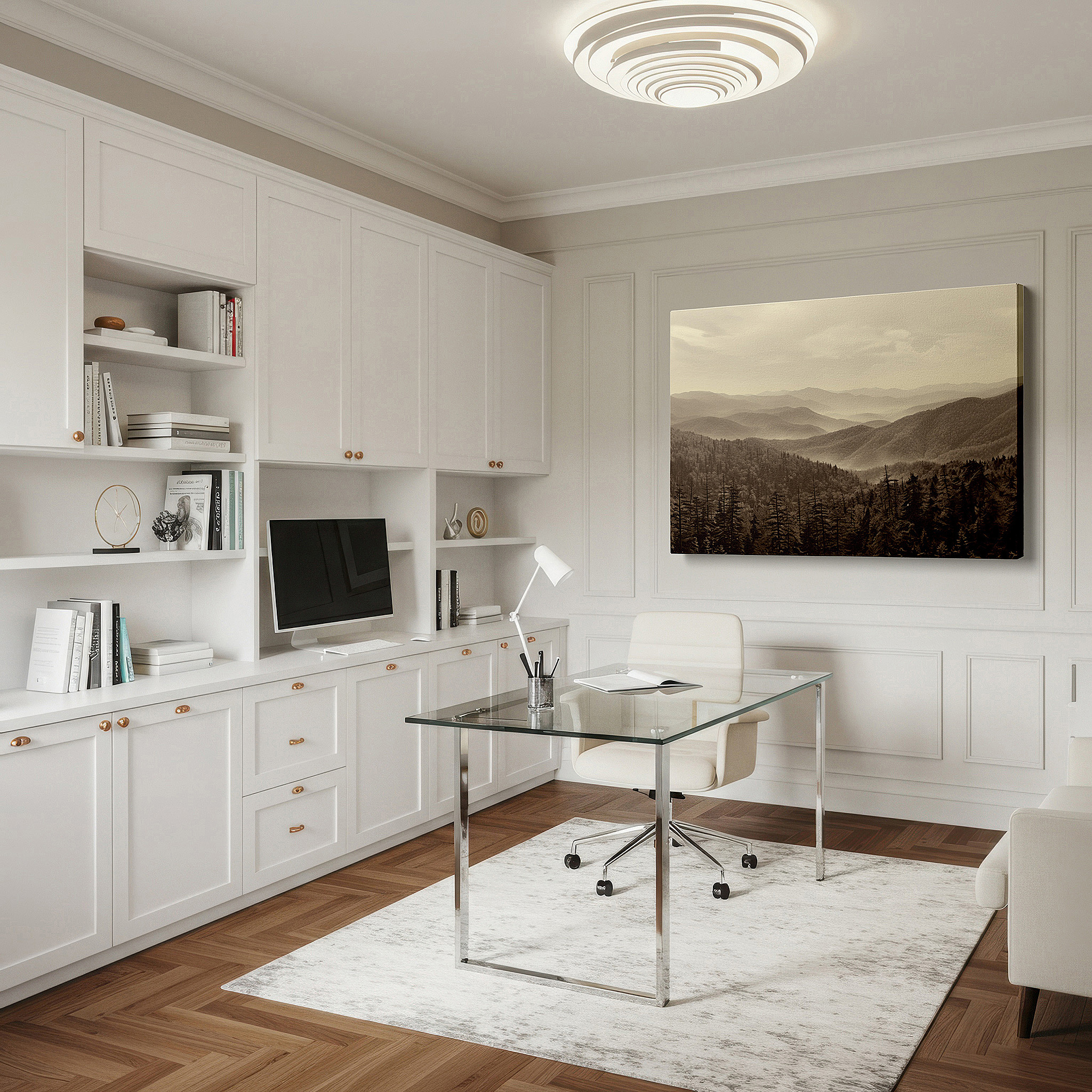 Bathed in morning sunlight streaming through sheer curtains — misty ethereal mountains, tranquil panoramic large wall art for serene spaces, canvas wall art, wall decor for office and bedroom