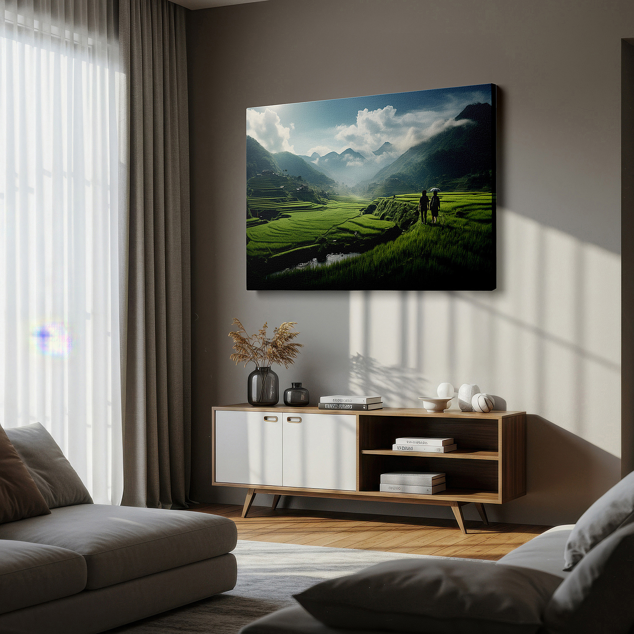 Bathed in morning sunlight streaming through sheer curtains — misty mountains and lush rice terraces serene journey large wall art, canvas wall art, wall decor for office and bedroom