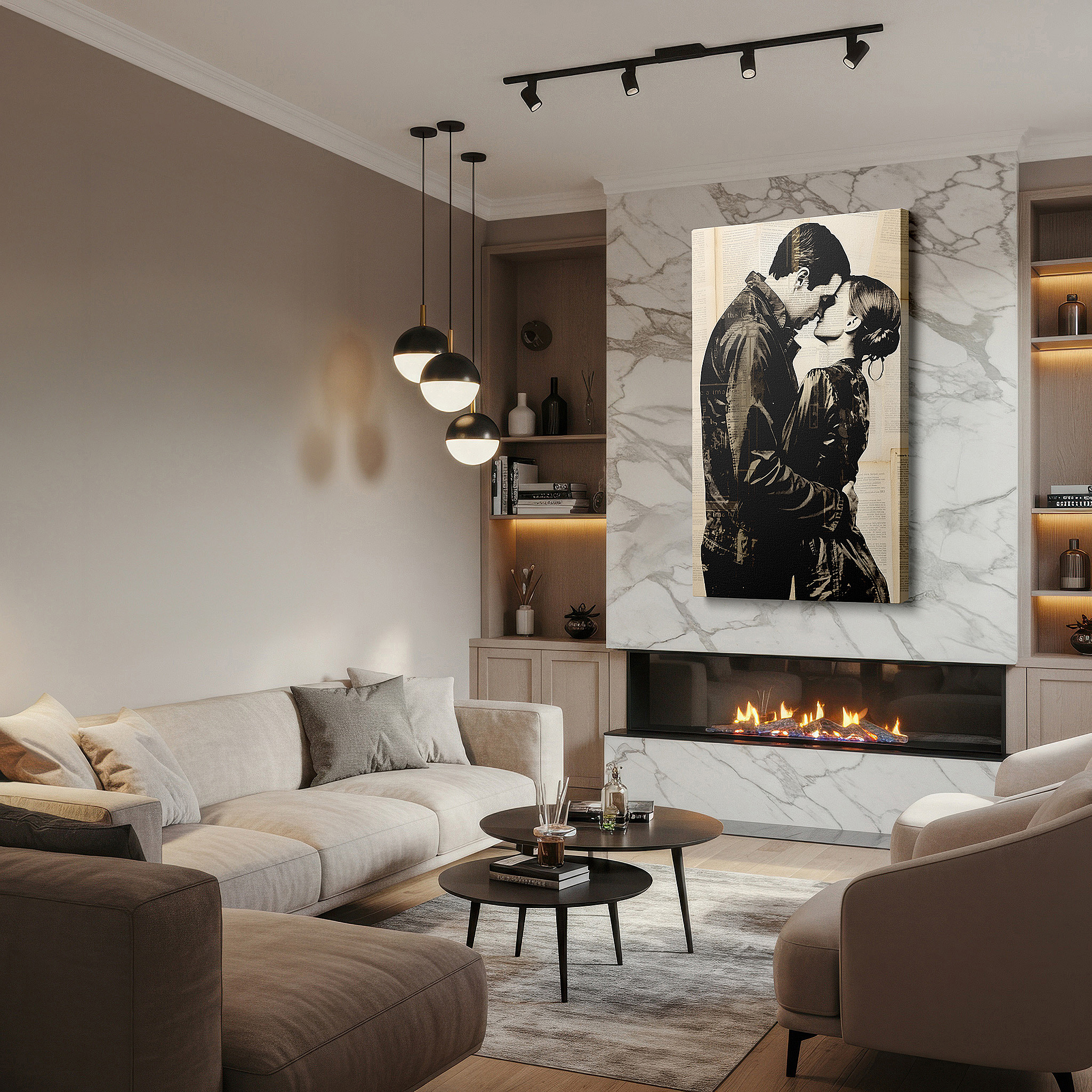 Bathed in morning sunlight streaming through sheer curtains — monochrome abstract embrace: exploring love and intimacy, large canvas wall art for office and bedroom decor