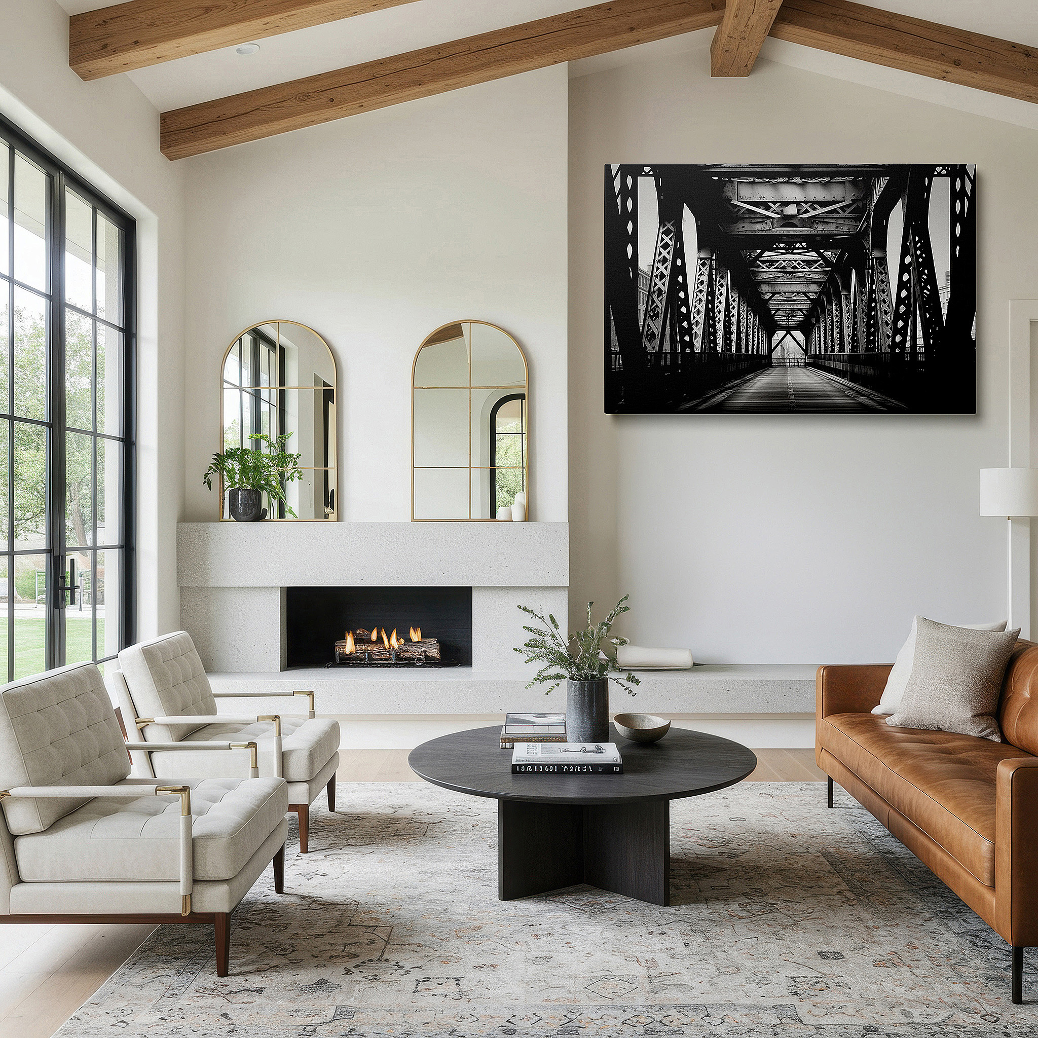 Bathed in morning sunlight streaming through sheer curtains — monochrome industrial bridge: a study of form and function - large wall art, canvas wall art, wall decor for office and bedroom