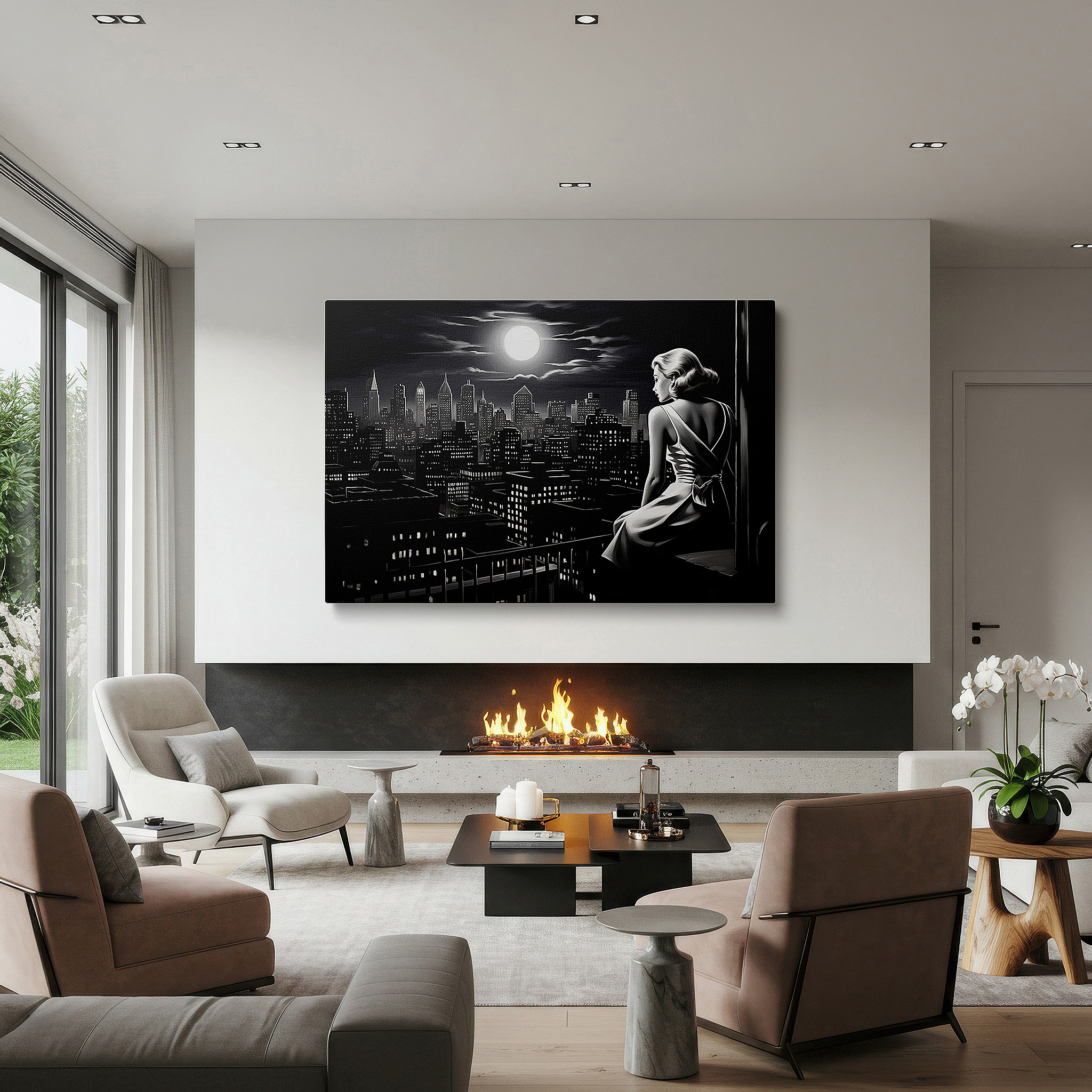 Bathed in morning sunlight streaming through sheer curtains — moonlit contemplation: reflective nostalgia and urban exploration in large wall art, canvas decor for offices and bedrooms