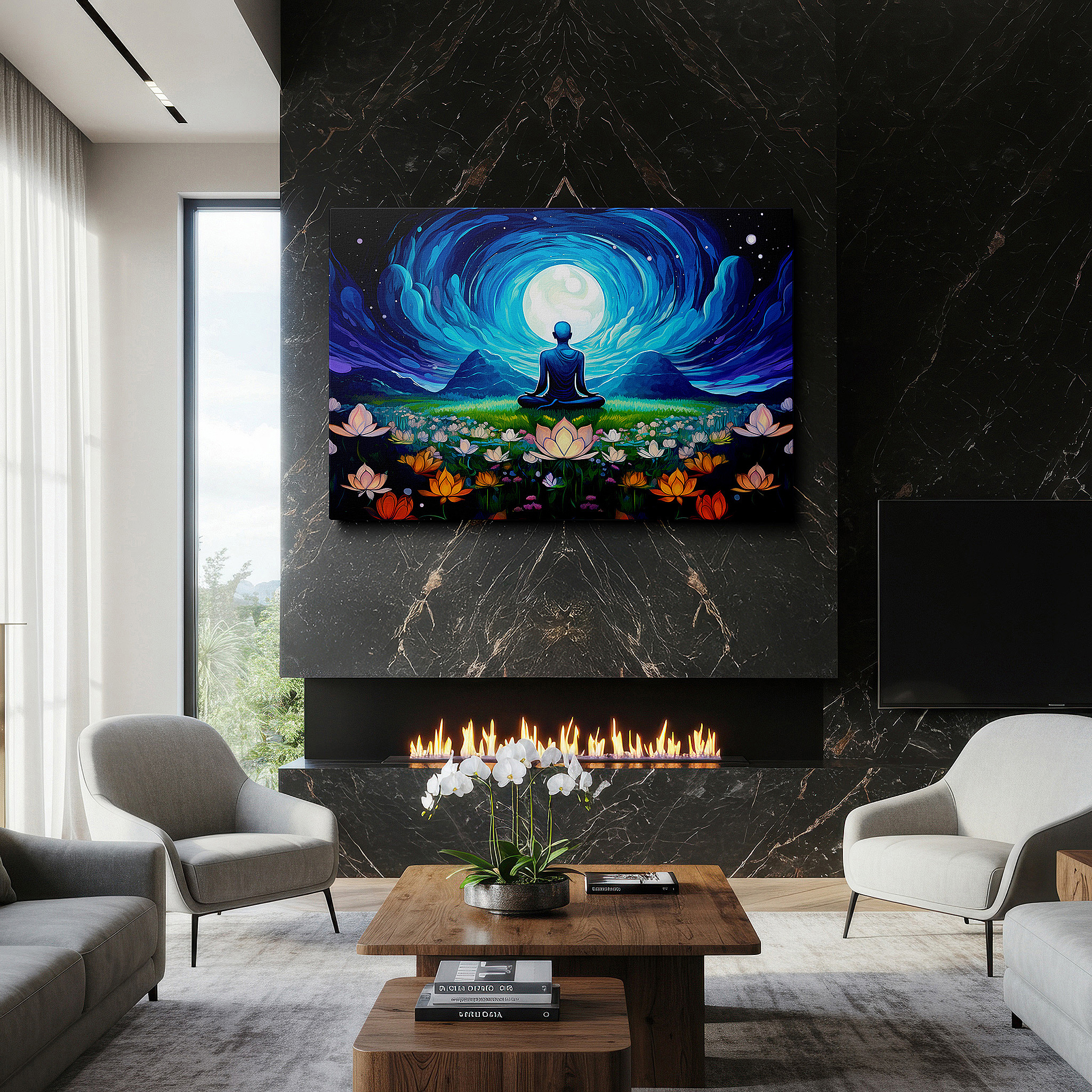 Bathed in morning sunlight streaming through sheer curtains — moonlit meditation - serene ethereal glow with vibrant florals large wall art, canvas wall art, wall decor for office and bedroom