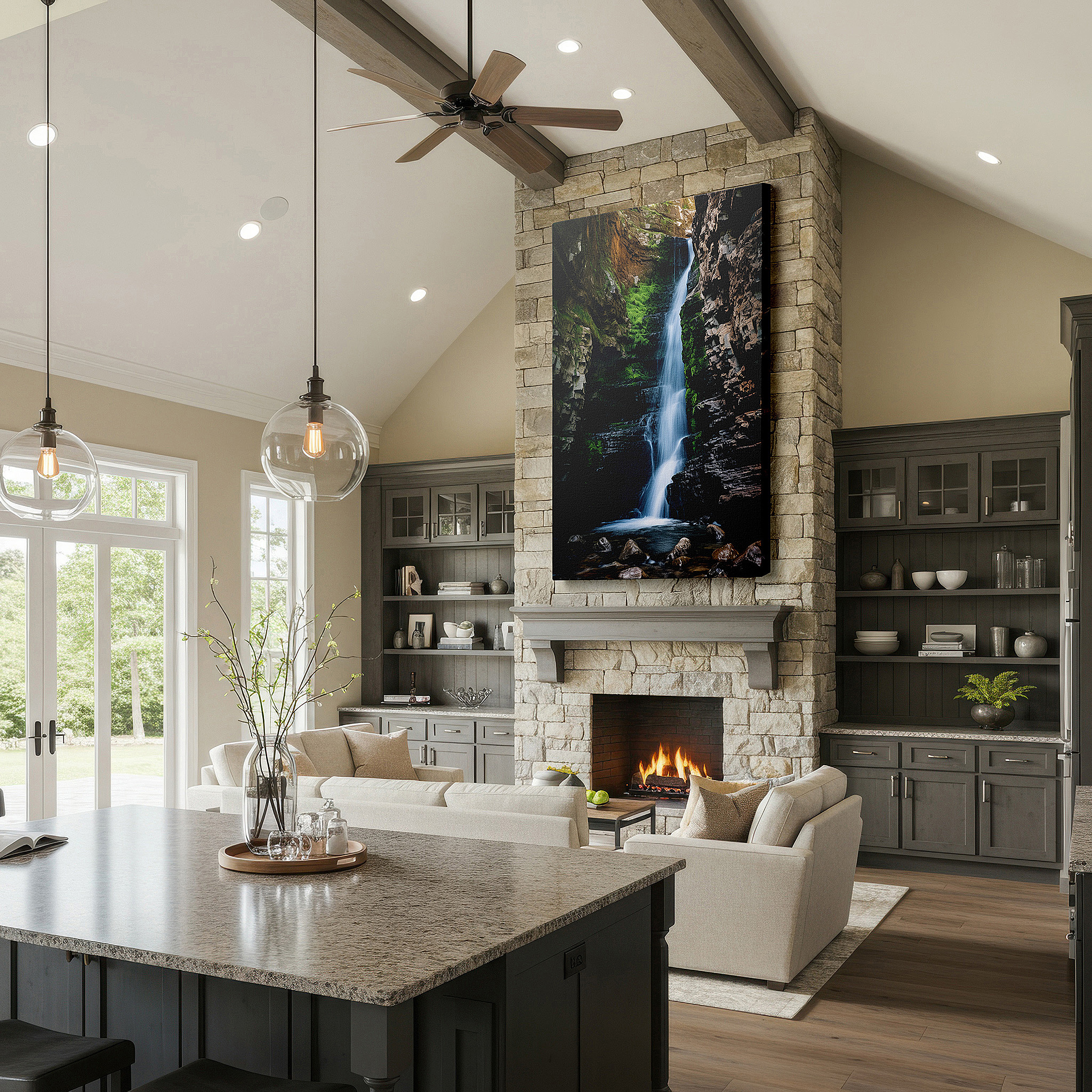 Bathed in morning sunlight streaming through sheer curtains — moss-covered rocks and cascading waterfall: a display of nature's strength and calmness - large canvas wall art for home and office decor