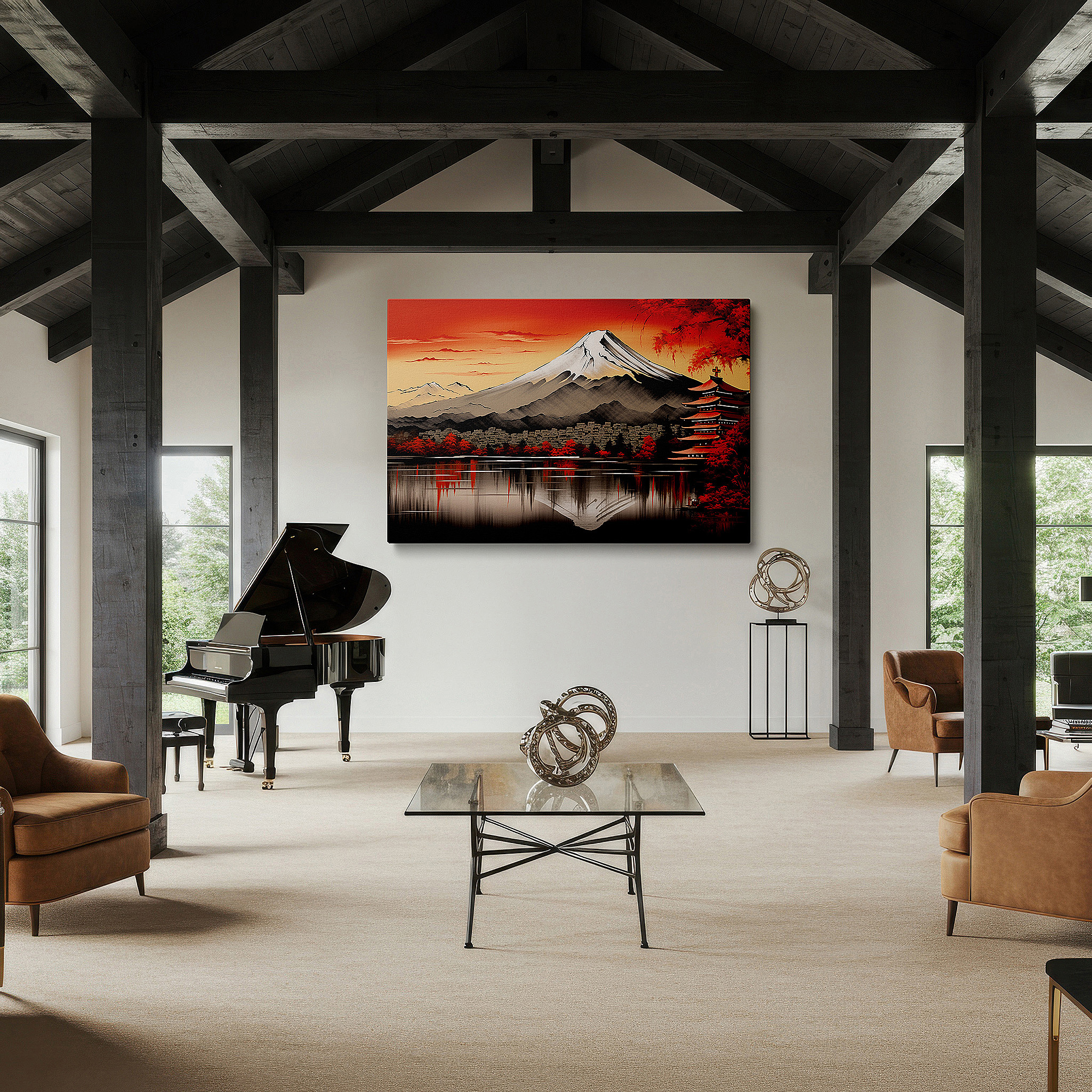 Bathed in morning sunlight streaming through sheer curtains — mount fuji and pagoda canvas print in autumn glow - large wall art for office and bedroom decor