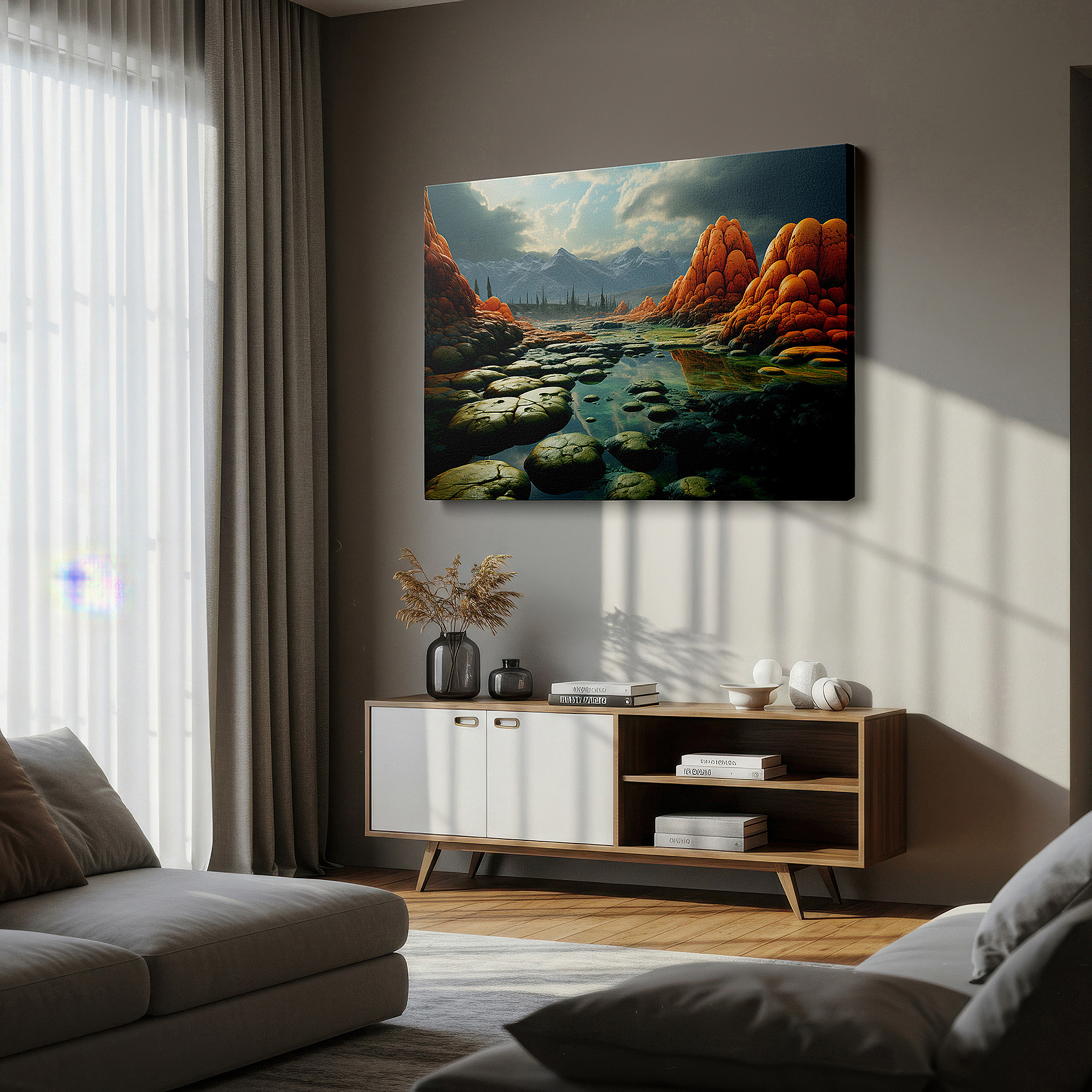 Bathed in morning sunlight streaming through sheer curtains — mystical landscape featuring curved rock structures and foggy hot springs, large canvas wall art for home and office decor