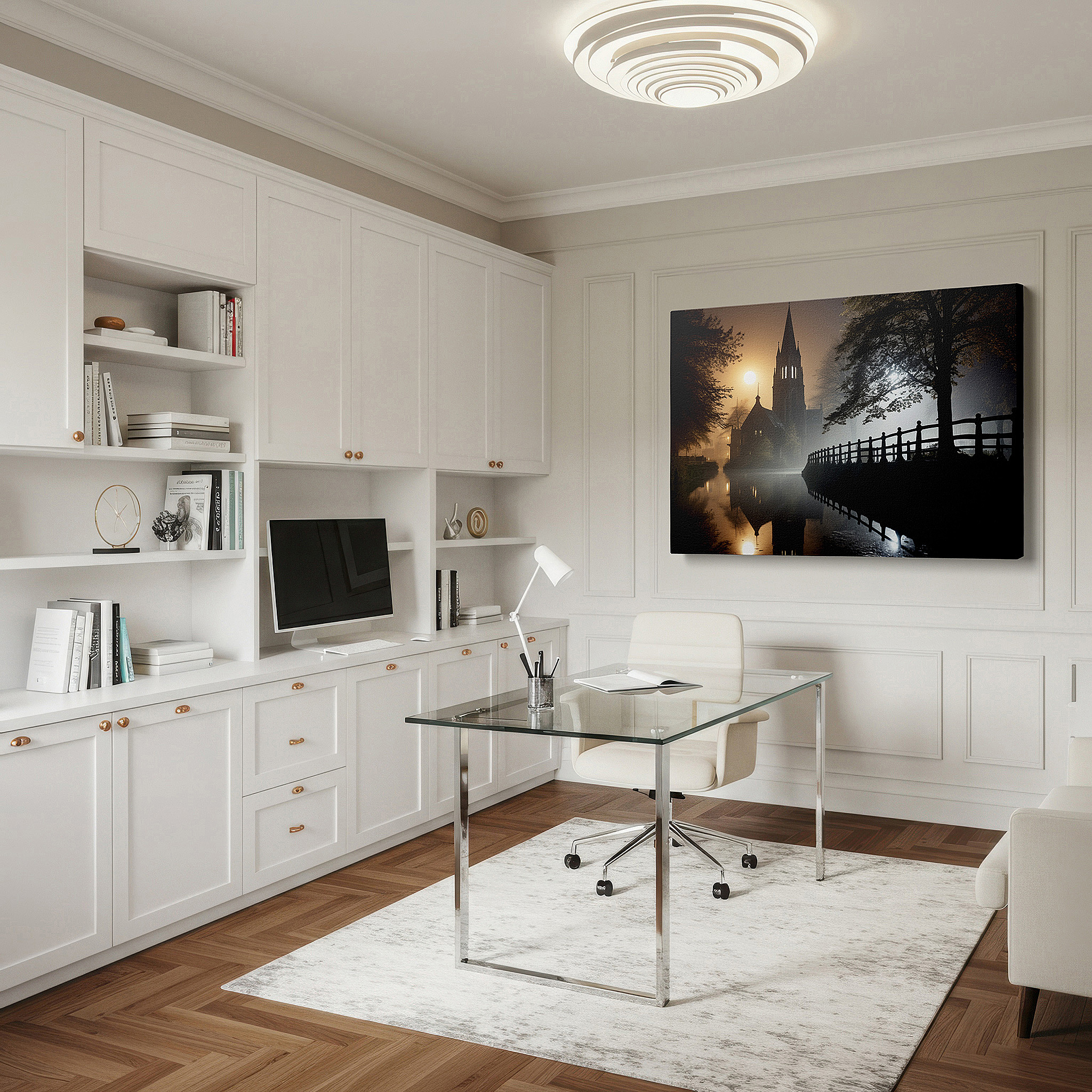 Bathed in morning sunlight streaming through sheer curtains — mystical and peaceful fog-covered lake church large wall art, canvas wall art, wall decor for office, bedroom, and living room