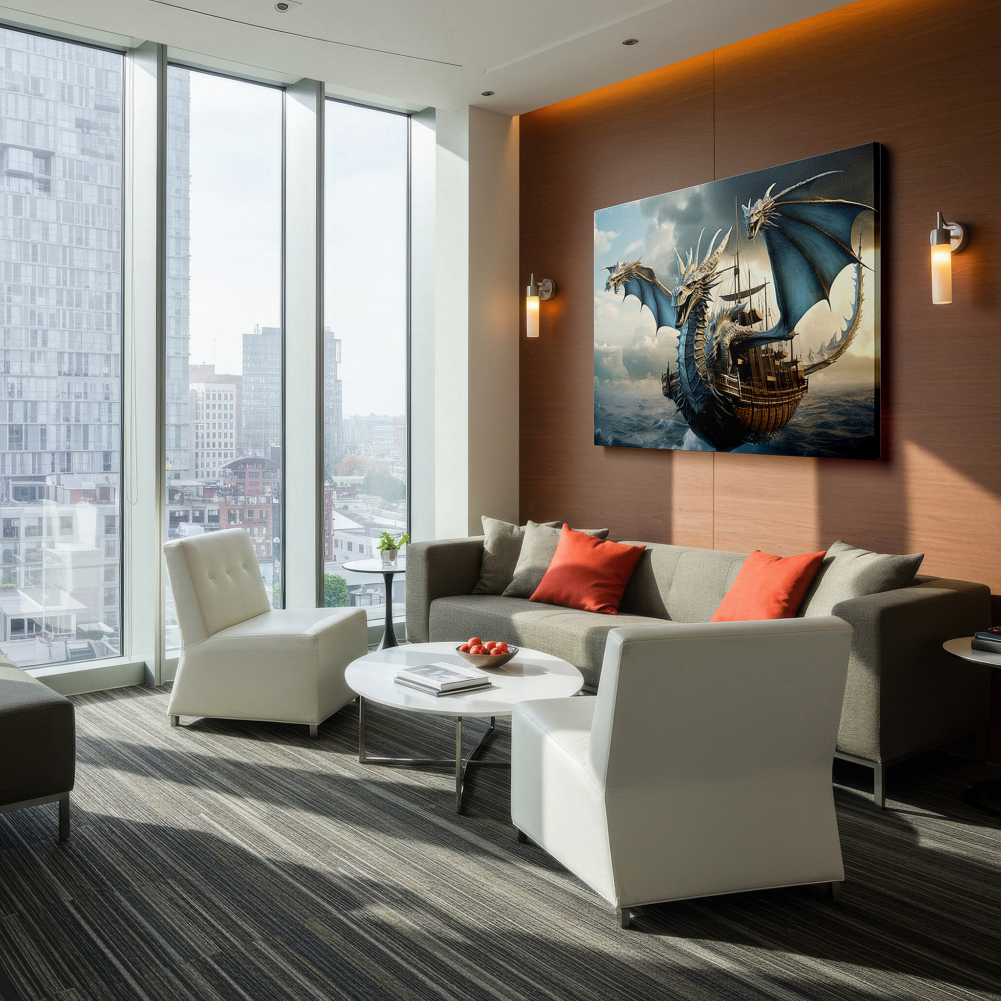 Bathed in morning sunlight streaming through sheer curtains — mythical dragon and ancient ship canvas art: stormy skies large wall decor for office, bedroom, and living room