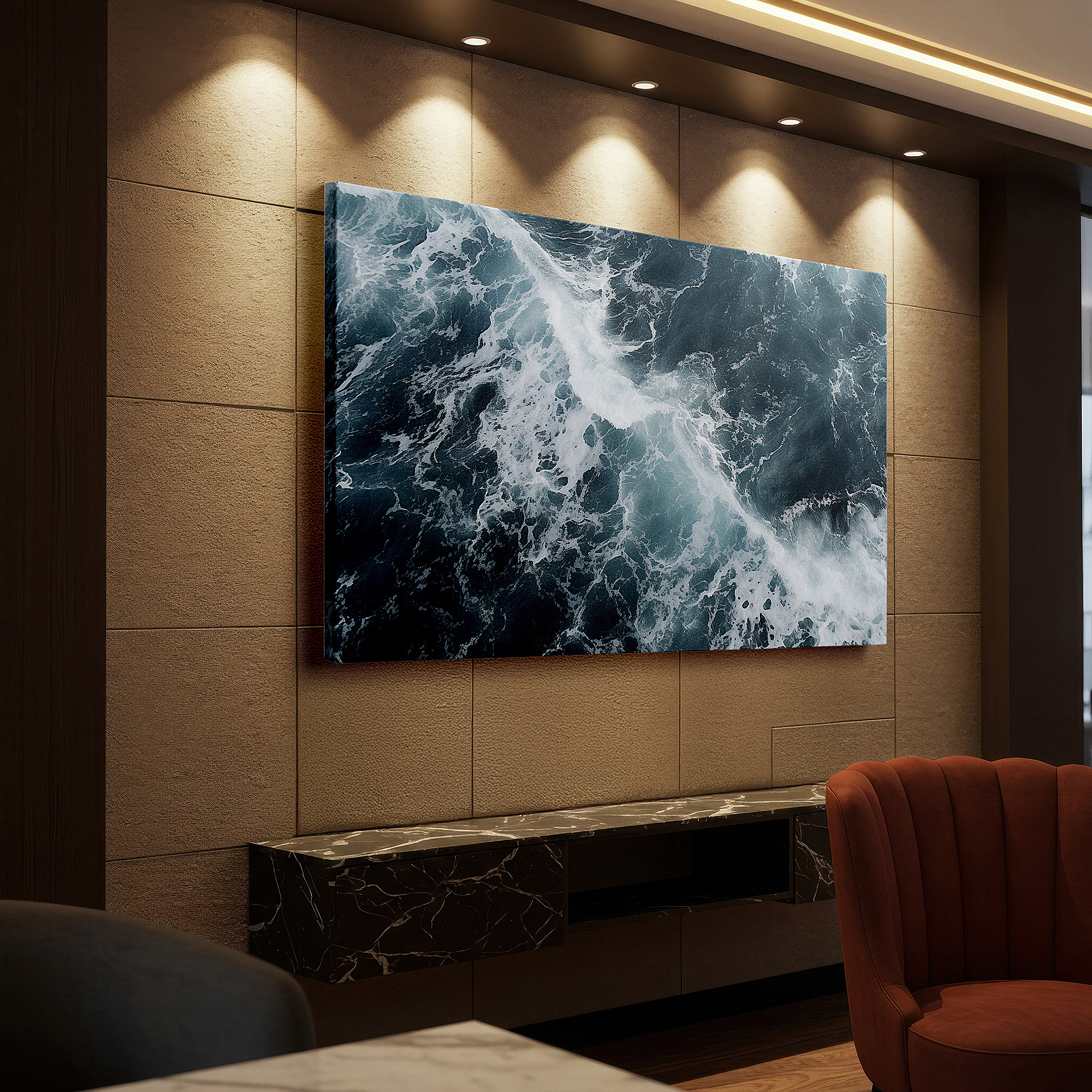Bathed in morning sunlight streaming through sheer curtains — ocean symphony in blues and whites: capturing the rhythmic dance of waves - large canvas wall art for office and bedroom decor
