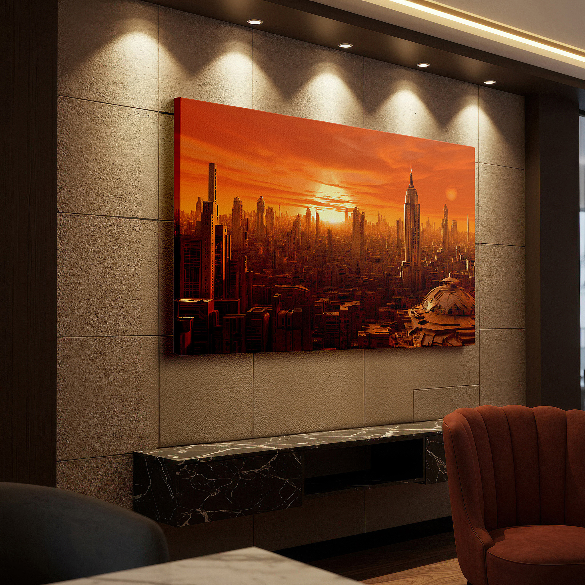 Bathed in morning sunlight streaming through sheer curtains — orange sunset over futuristic cityscape: modern urban dreams large wall art, canvas wall art, wall decor for office and bedroom