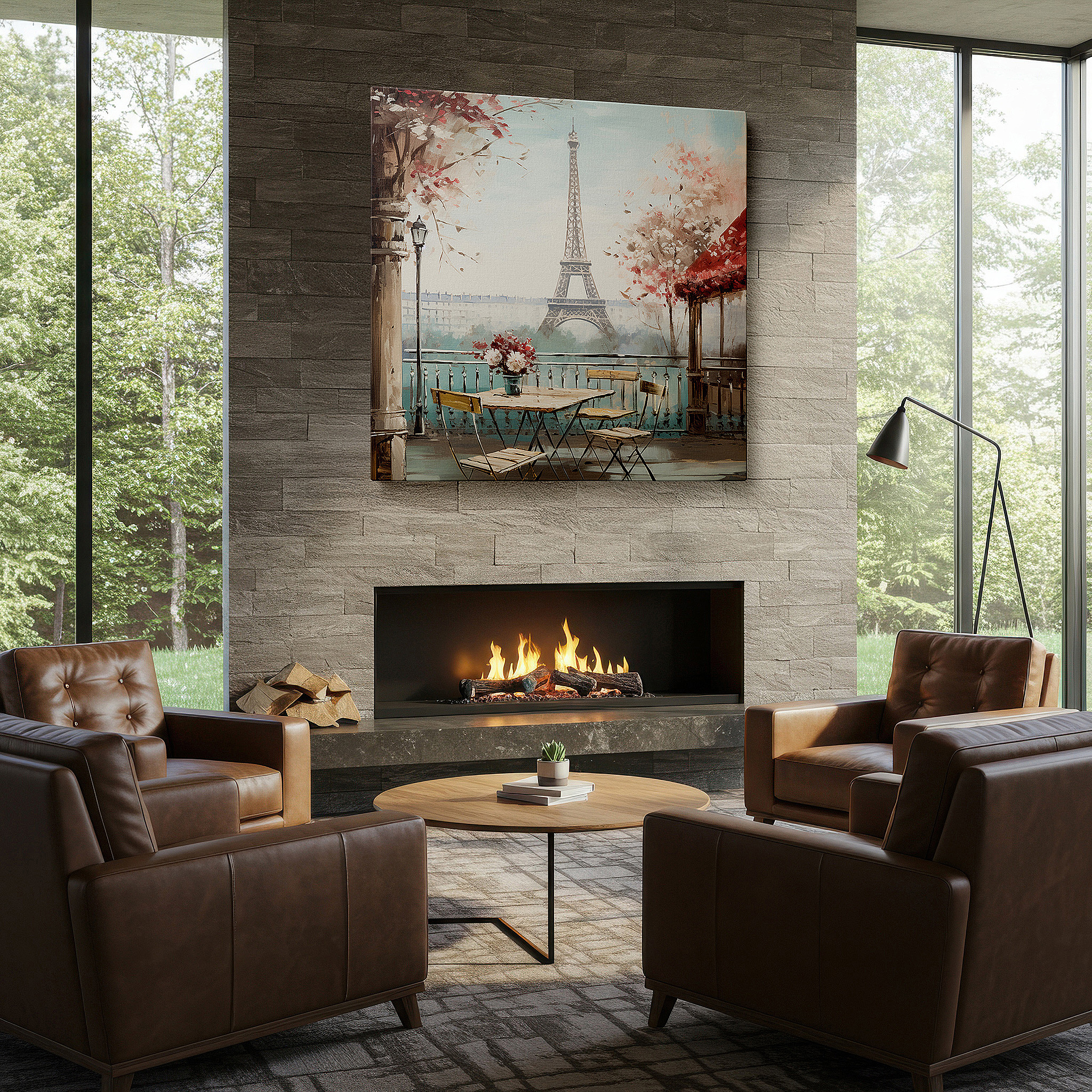 Bathed in morning sunlight streaming through sheer curtains — parisian elegance wall art featuring a floral balcony and eiffel tower view, ideal for office, bedroom, and living room decor
