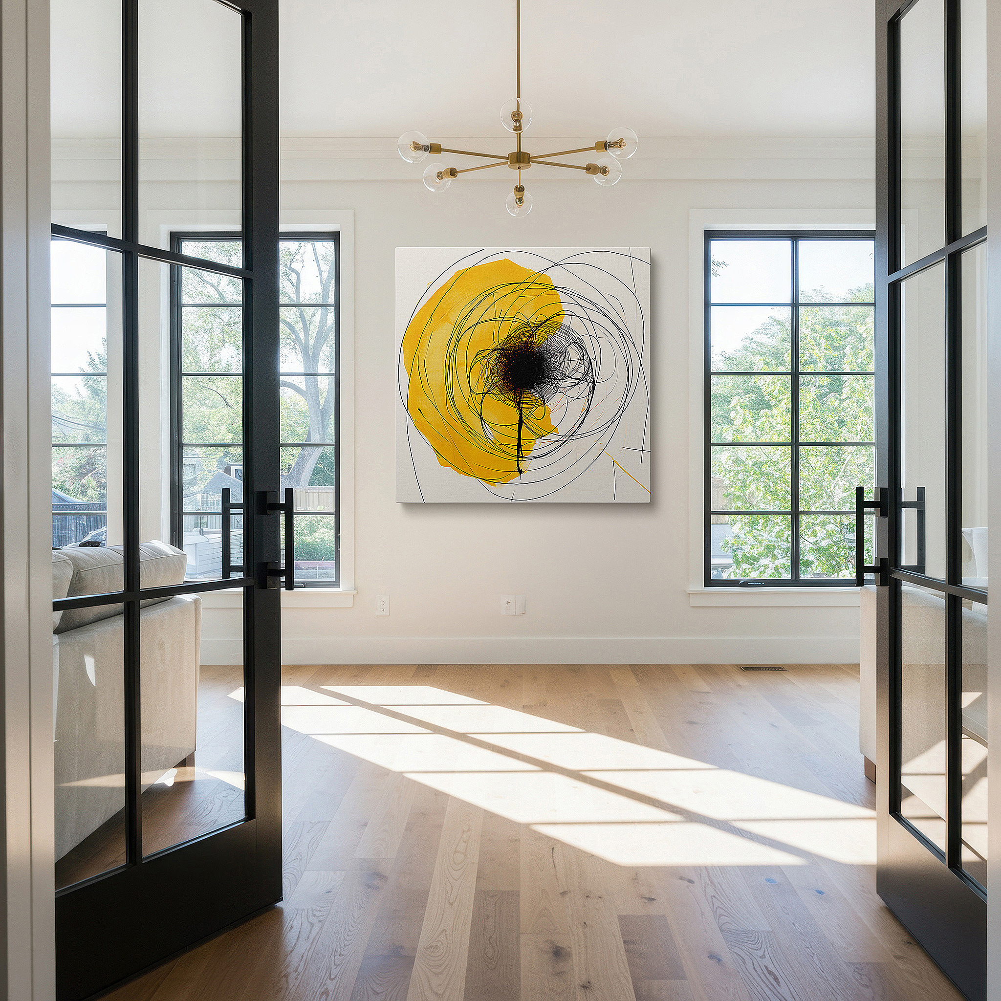 Bathed in morning sunlight streaming through sheer curtains — radiant yellow spiral chaos and creativity large canvas wall art for office and bedroom decor