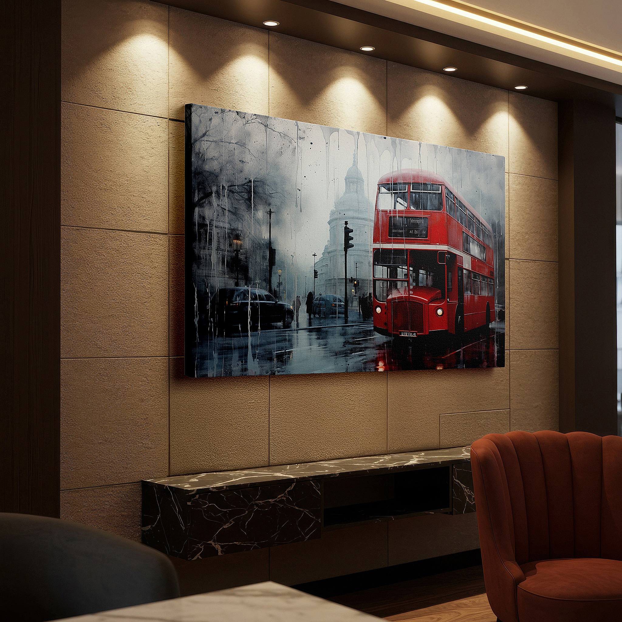 Bathed in morning sunlight streaming through sheer curtains — red double-decker bus on a foggy london street large wall art, canvas wall art, wall art